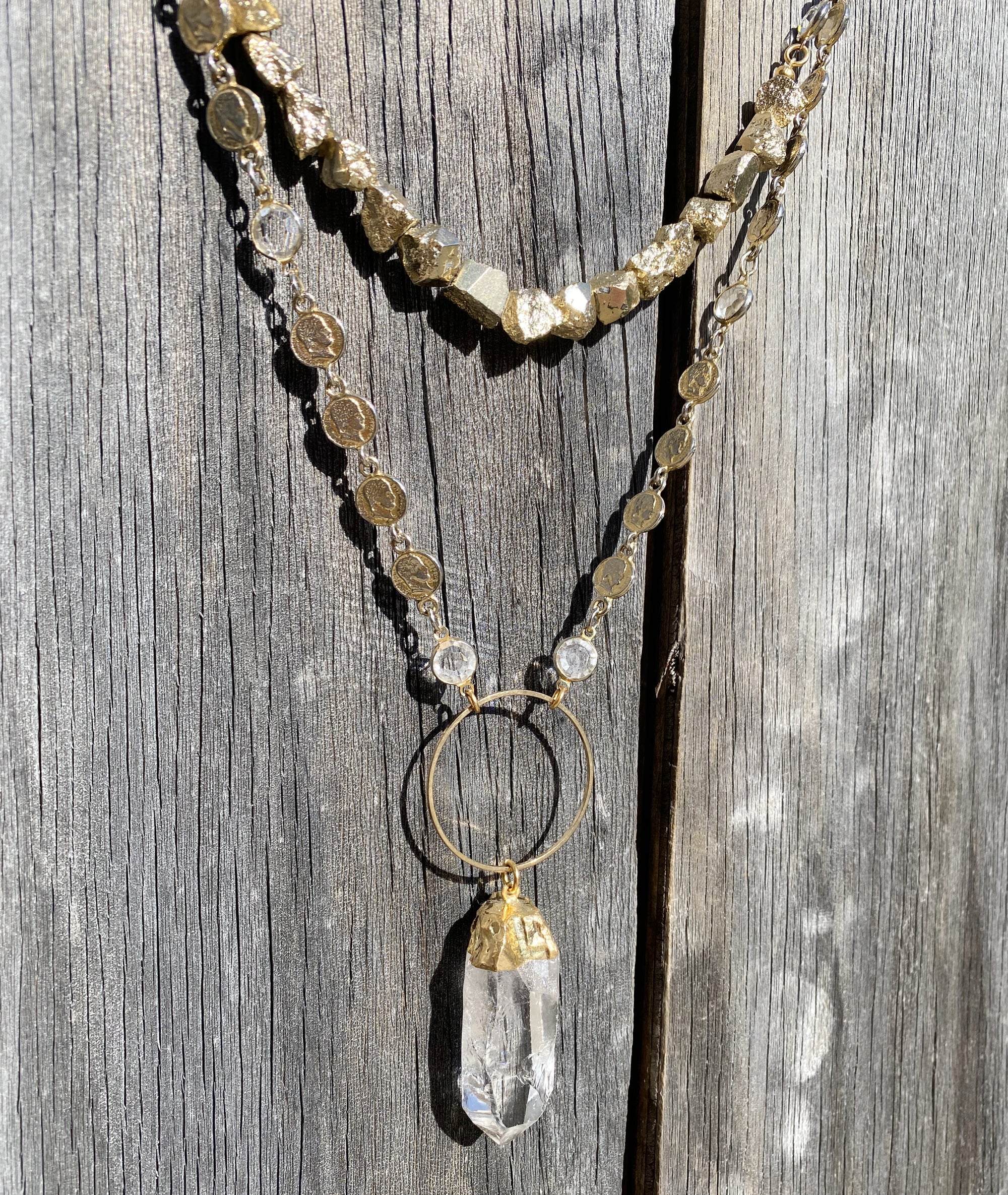 Gold coin and pyrite necklace by Jenny Dayco 8