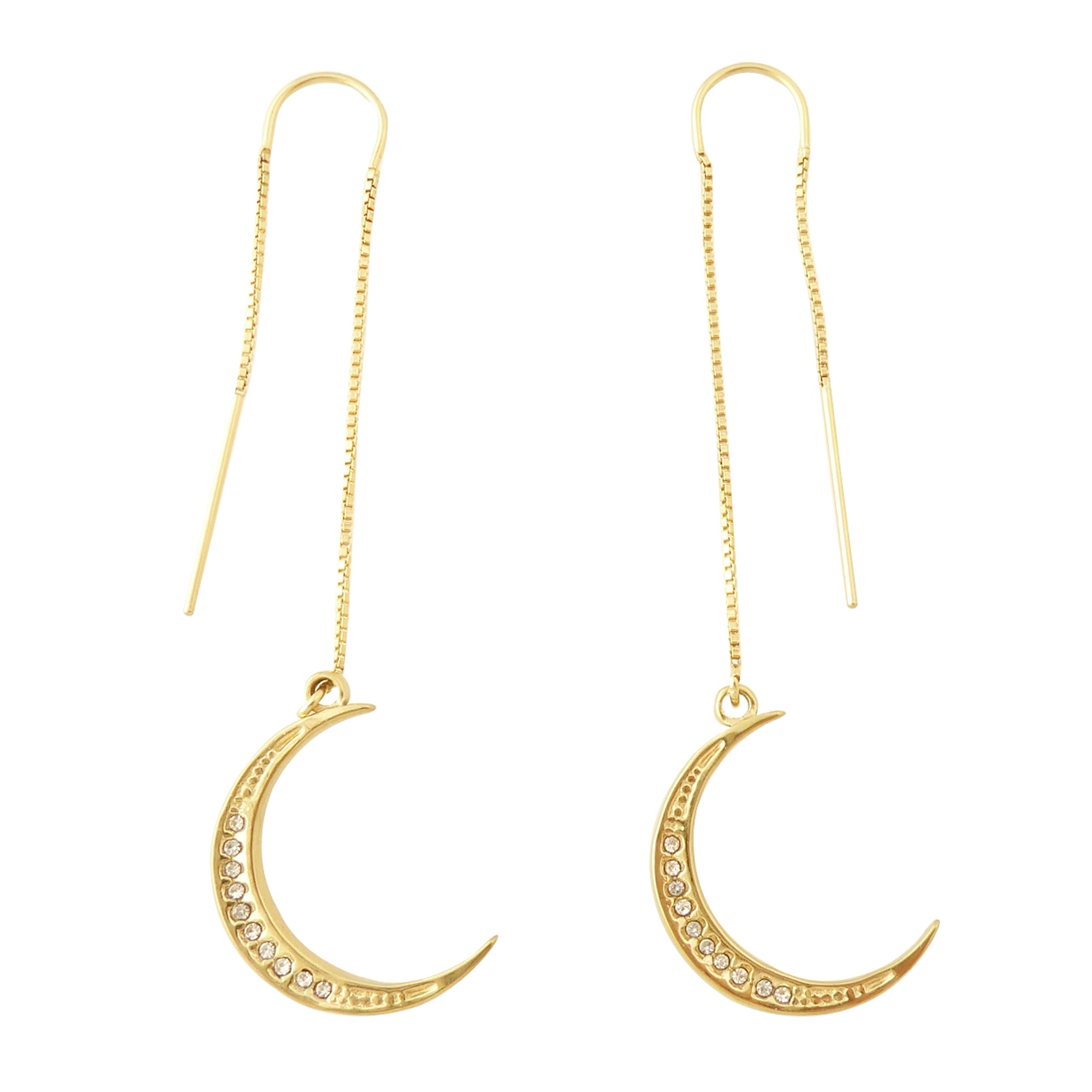 Gold crescent moon threader earrings by Jenny Dayco 1