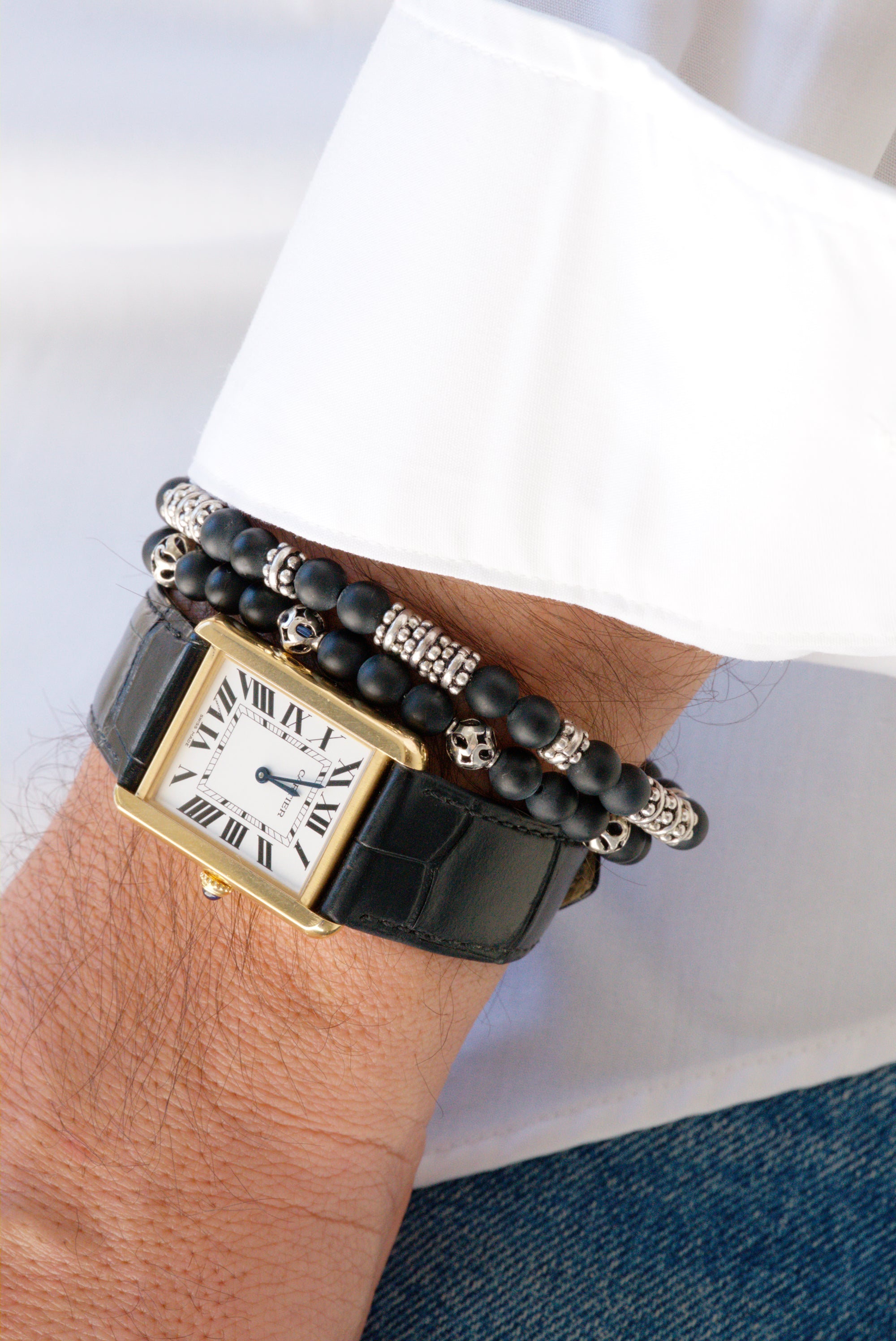 Matte black onyx and sterling silver bracelet set by Jenny Dayco 8