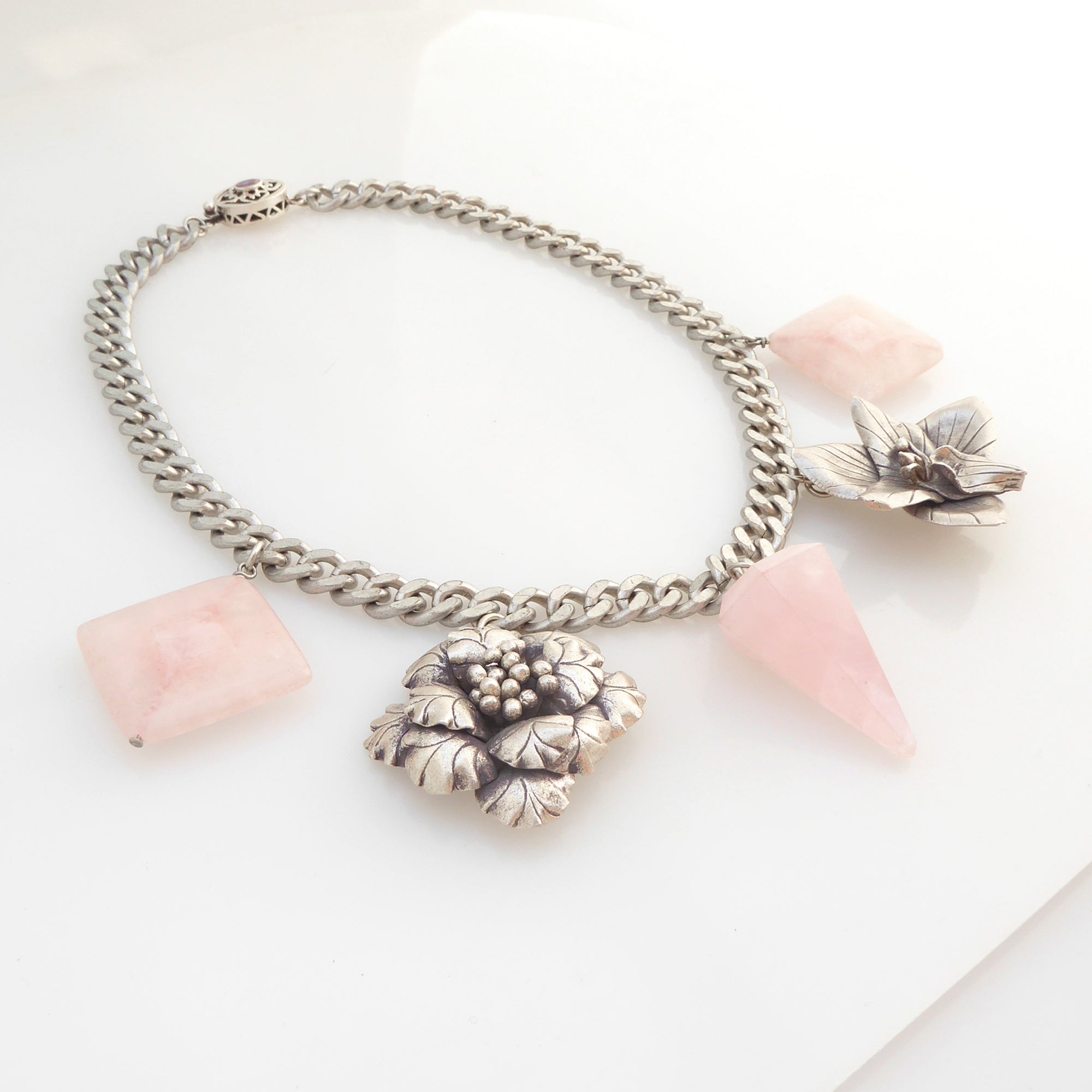 Sterling silver flower and rose quartz necklace by Jenny Dayco 2