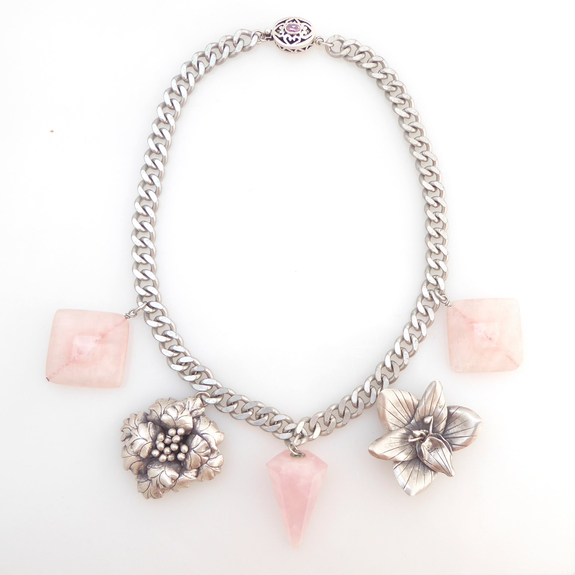 Sterling silver flower and rose quartz necklace by Jenny Dayco 7