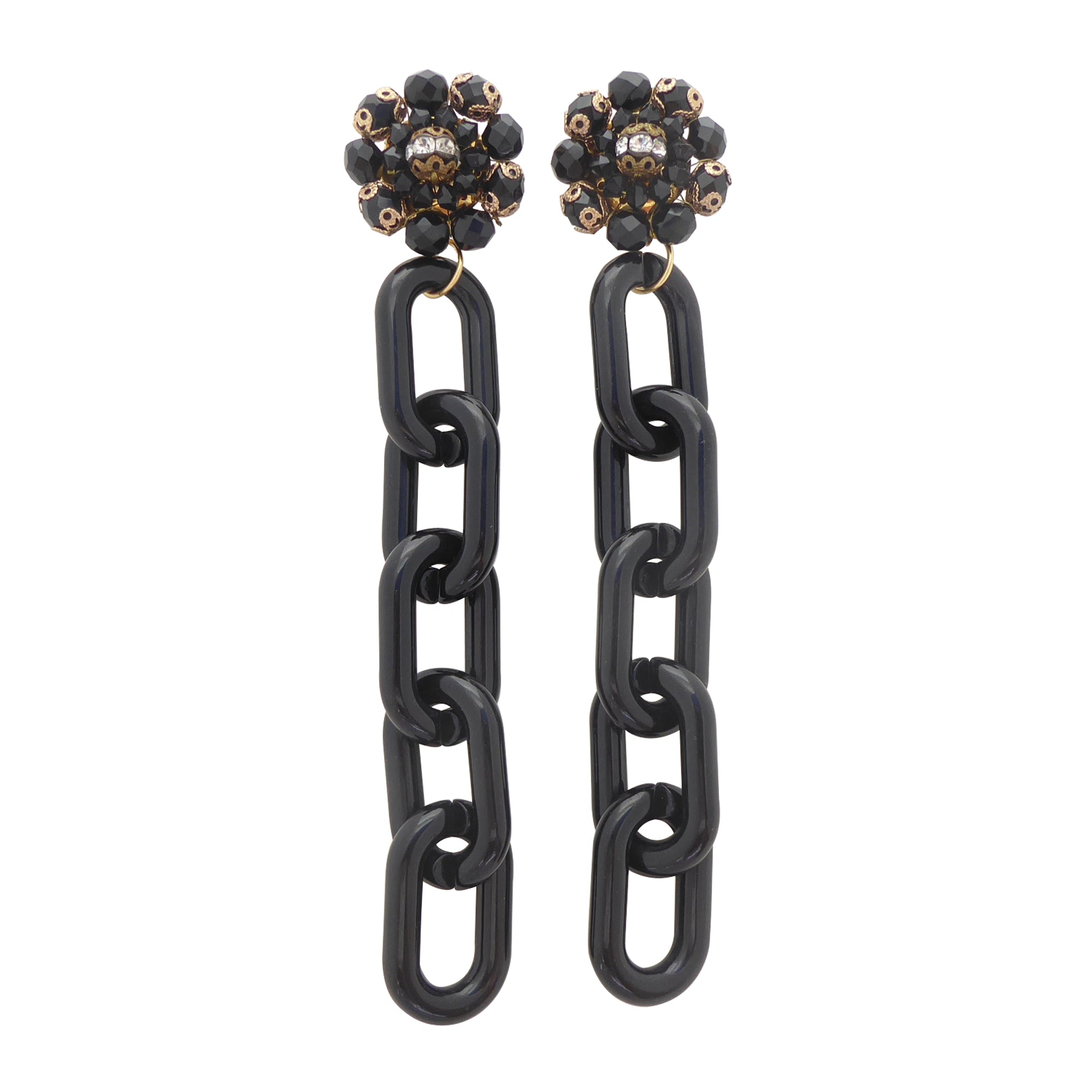 1950s black glass and rhinestone cluster and black chain earrings by Jenny Dayco 1