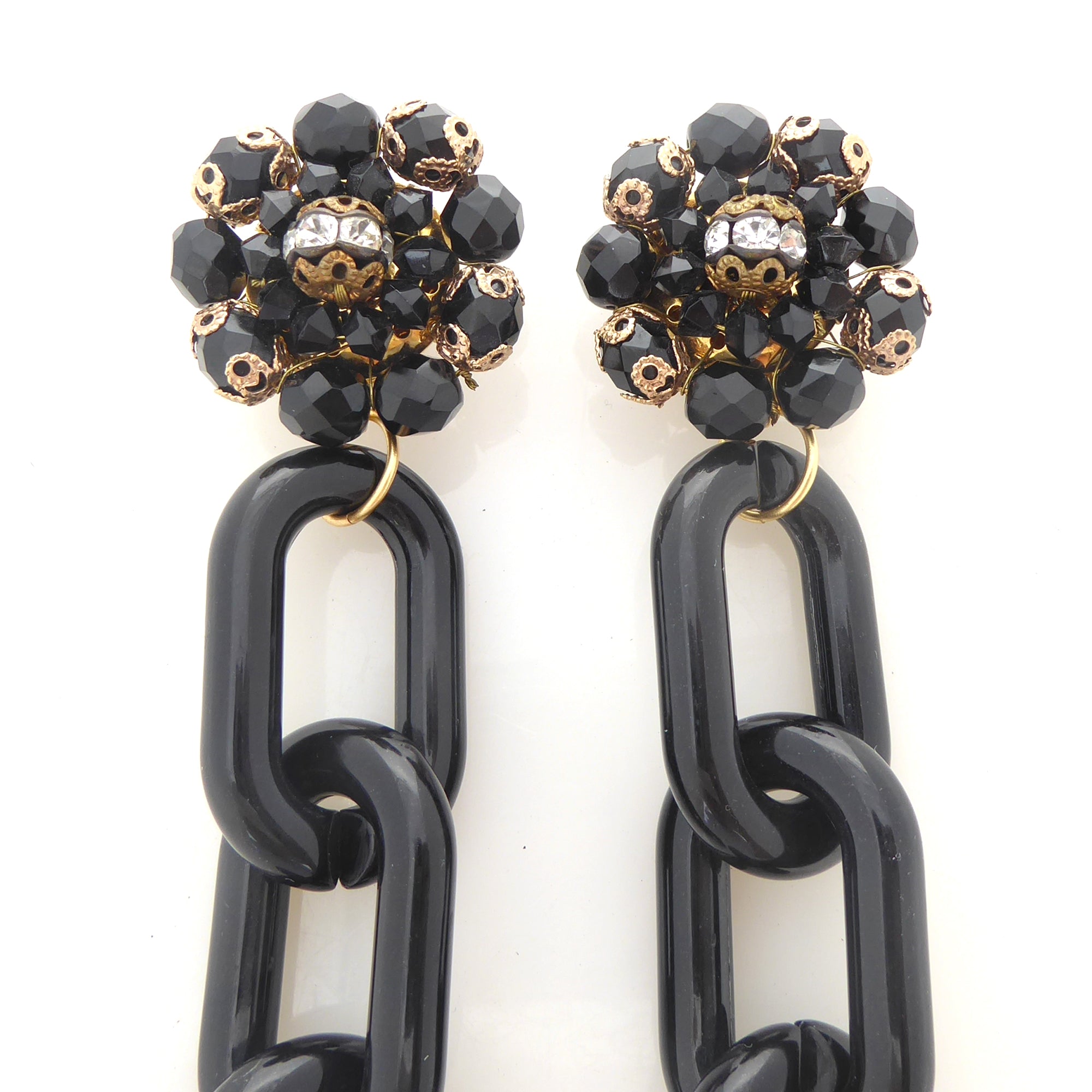 1950s black glass and rhinestone cluster and black chain earrings by Jenny Dayco 4