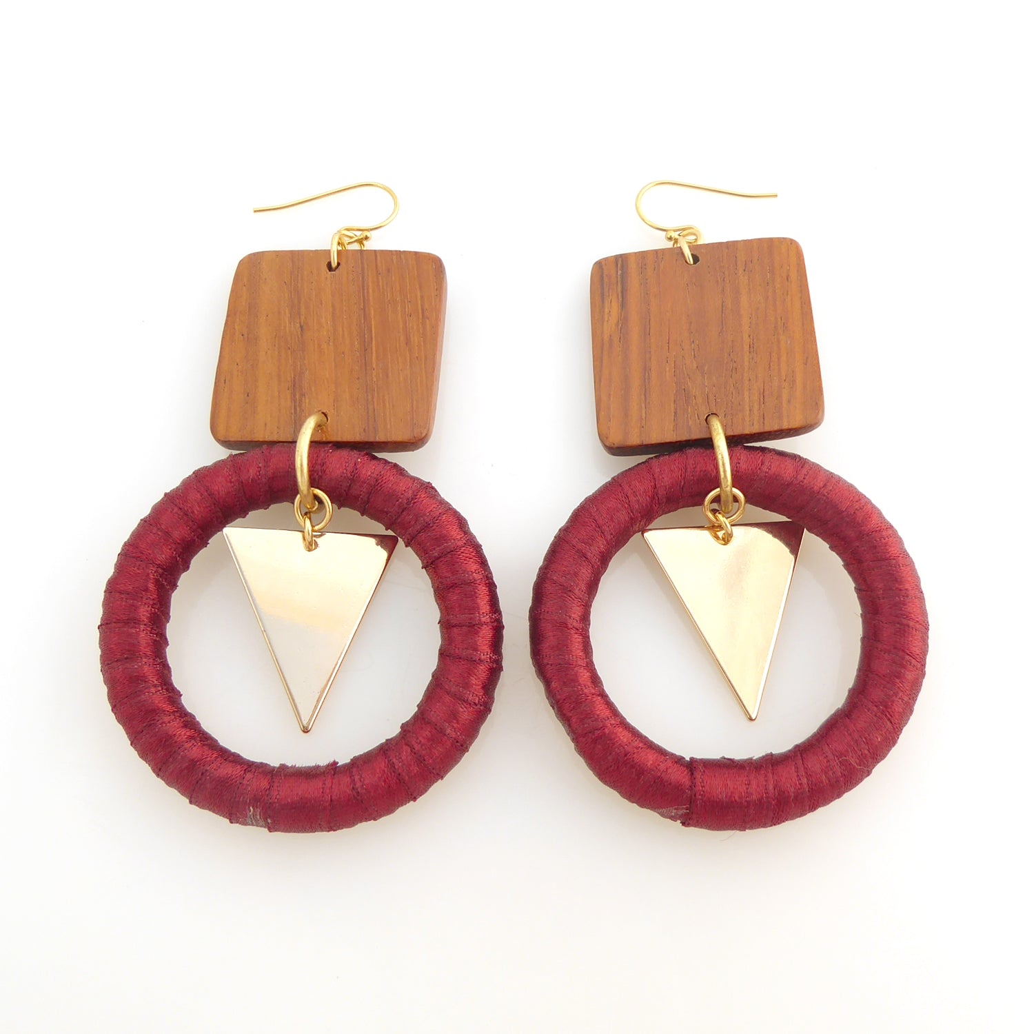 Atilda wood ribbon gold triangle earrings by Jenny Dayco 1