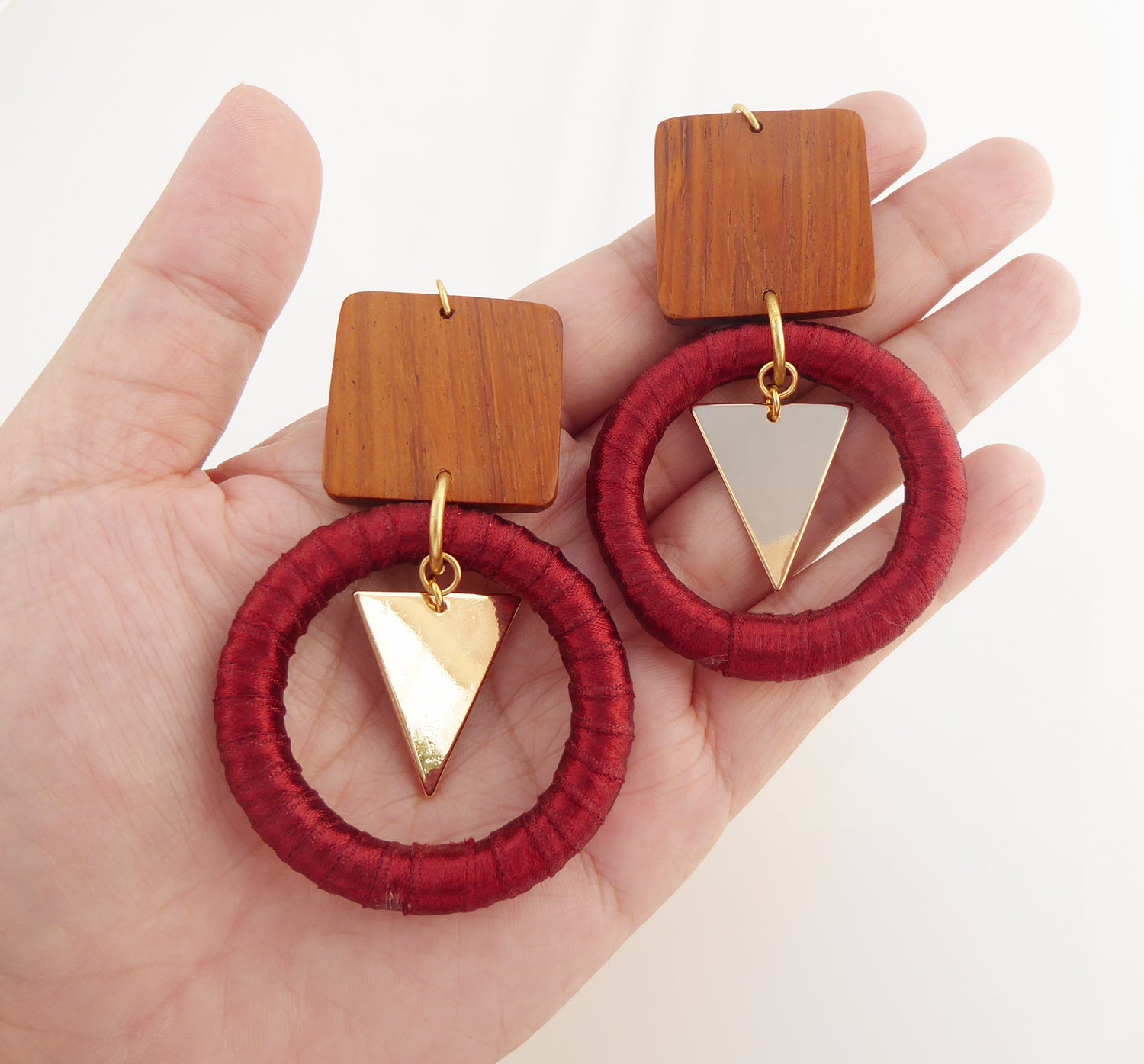 Atilda wood ribbon gold triangle earrings by Jenny Dayco 4