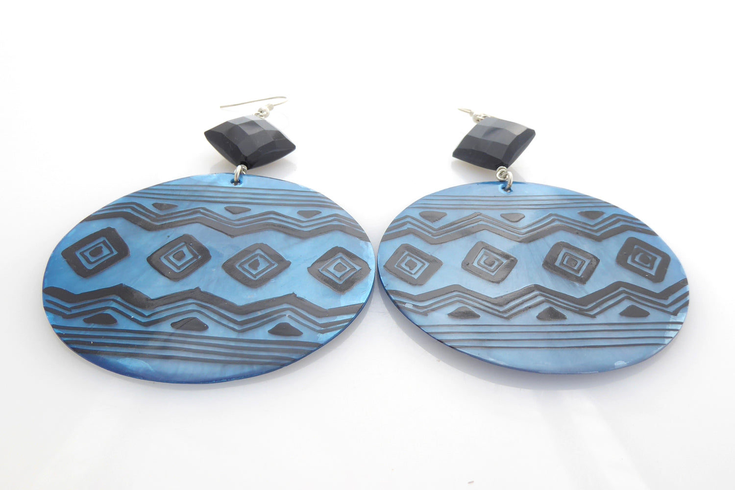 Blue geometric shell and black onyx earrings by Jenny Dayco 3
