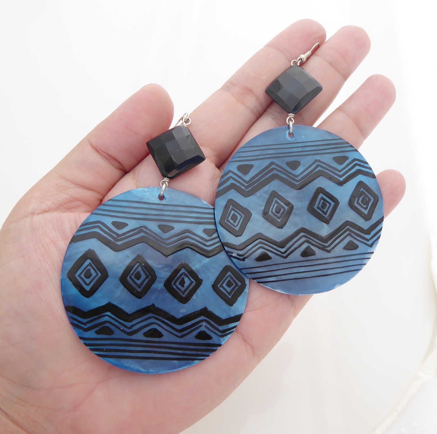 Blue geometric shell and black onyx earrings by Jenny Dayco 4