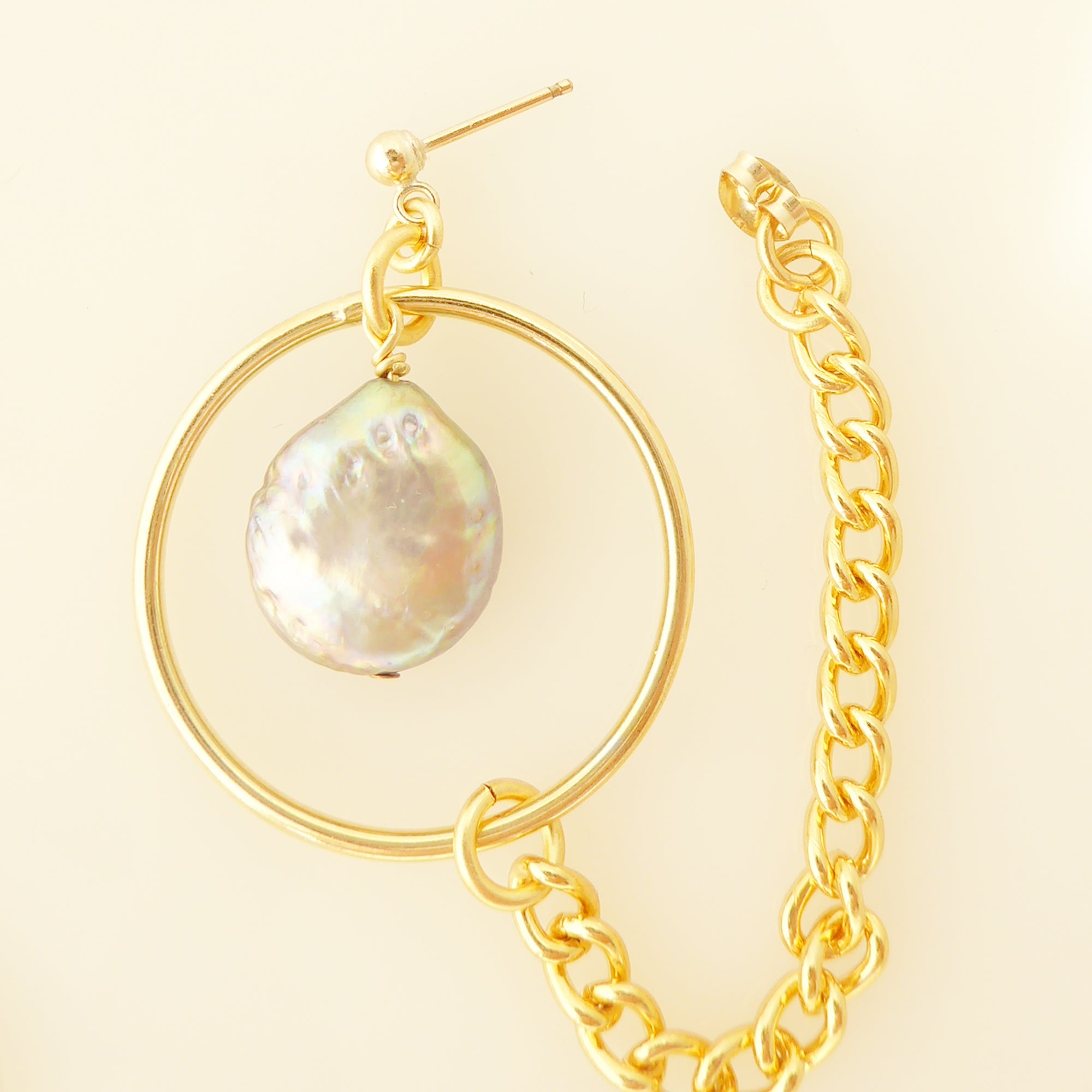 Gold saturn earrings in gray pearl by Jenny Dayco 4