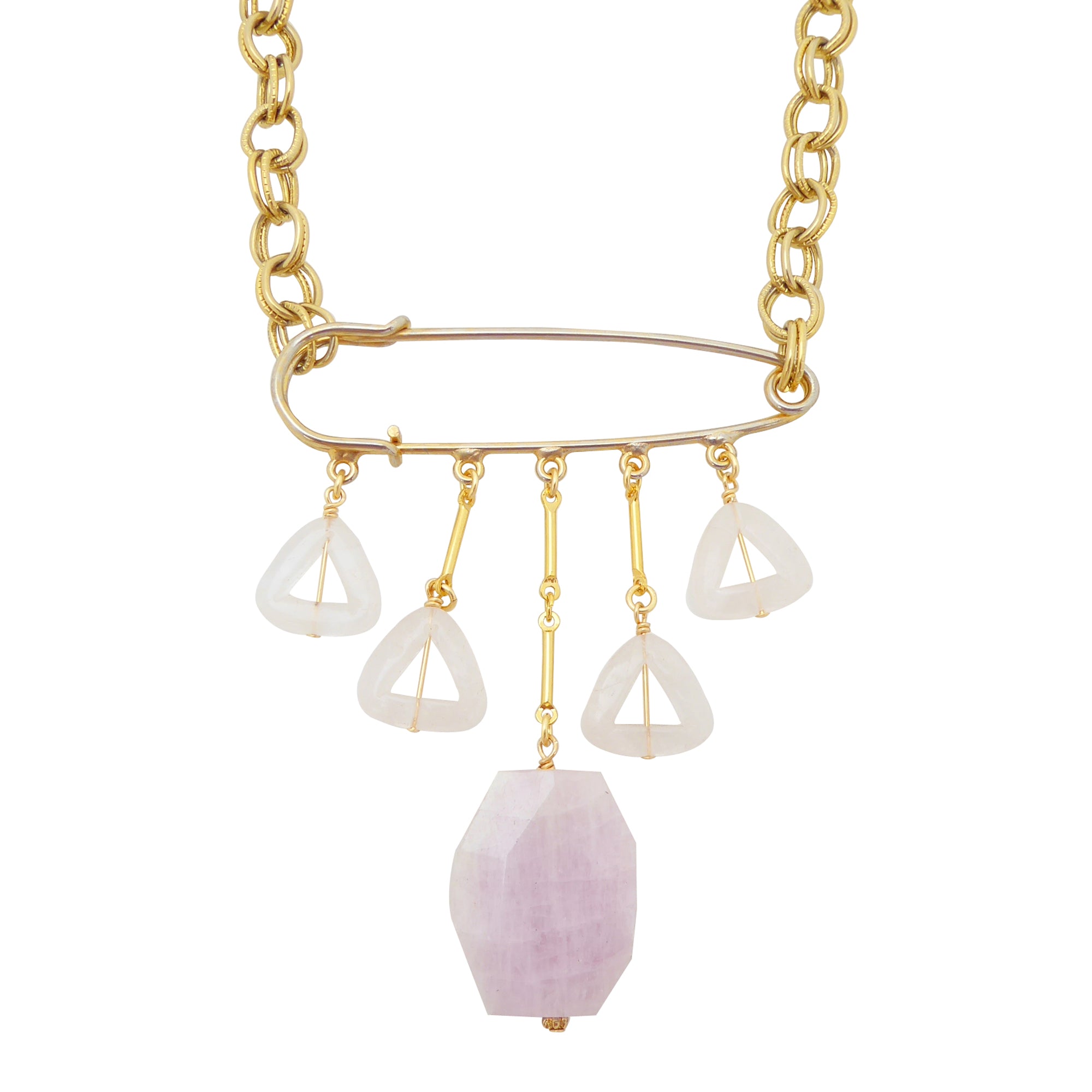 Kunzite and rose quartz safety pin necklace by Jenny Dayco 1