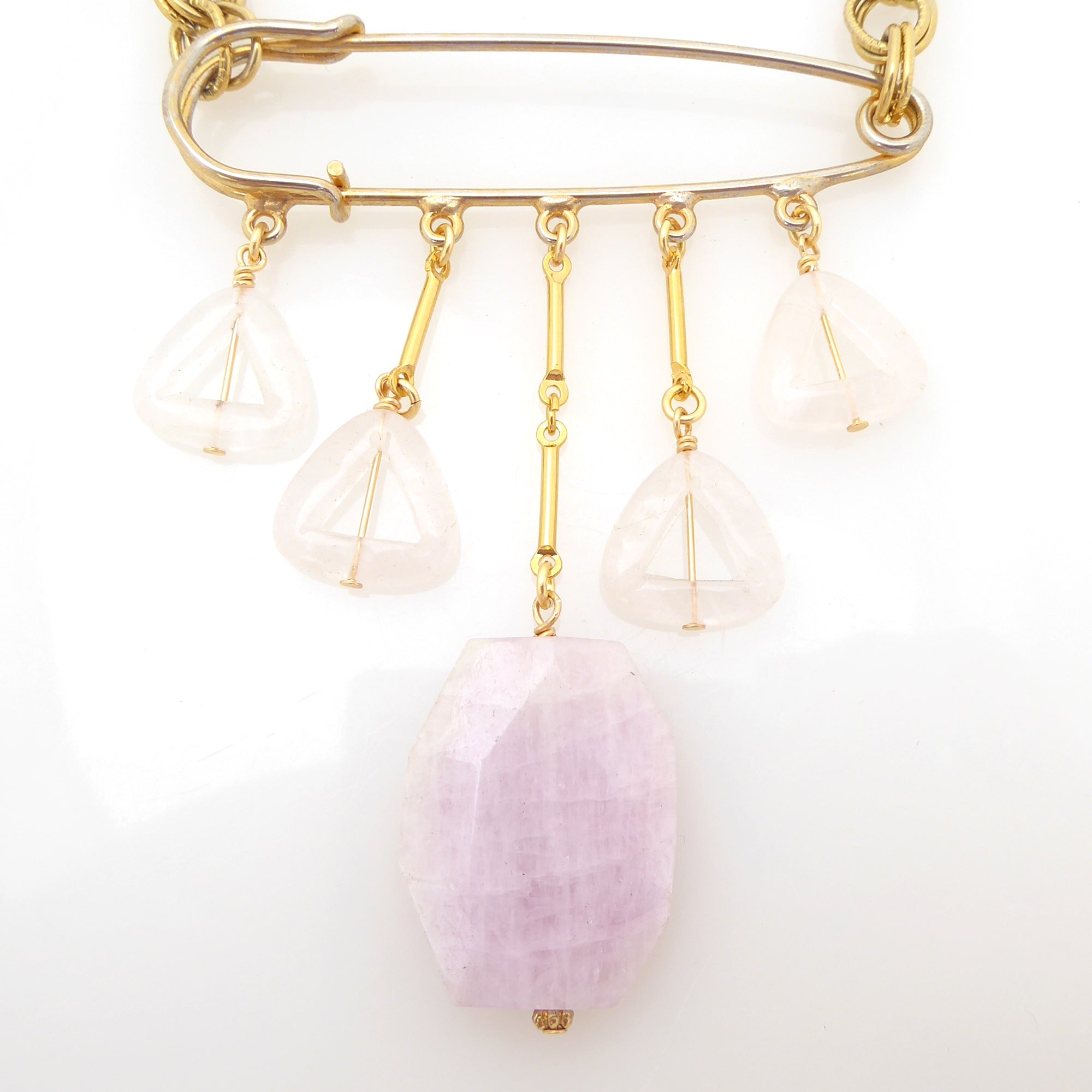 Kunzite and rose quartz safety pin necklace by Jenny Dayco 4