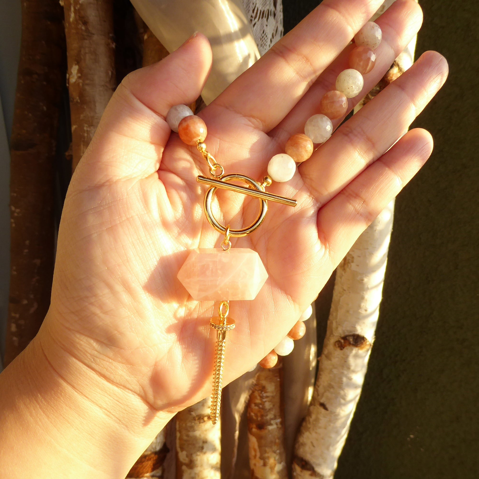 Moonstone and rose quartz screw necklace by Jenny Dayco 11