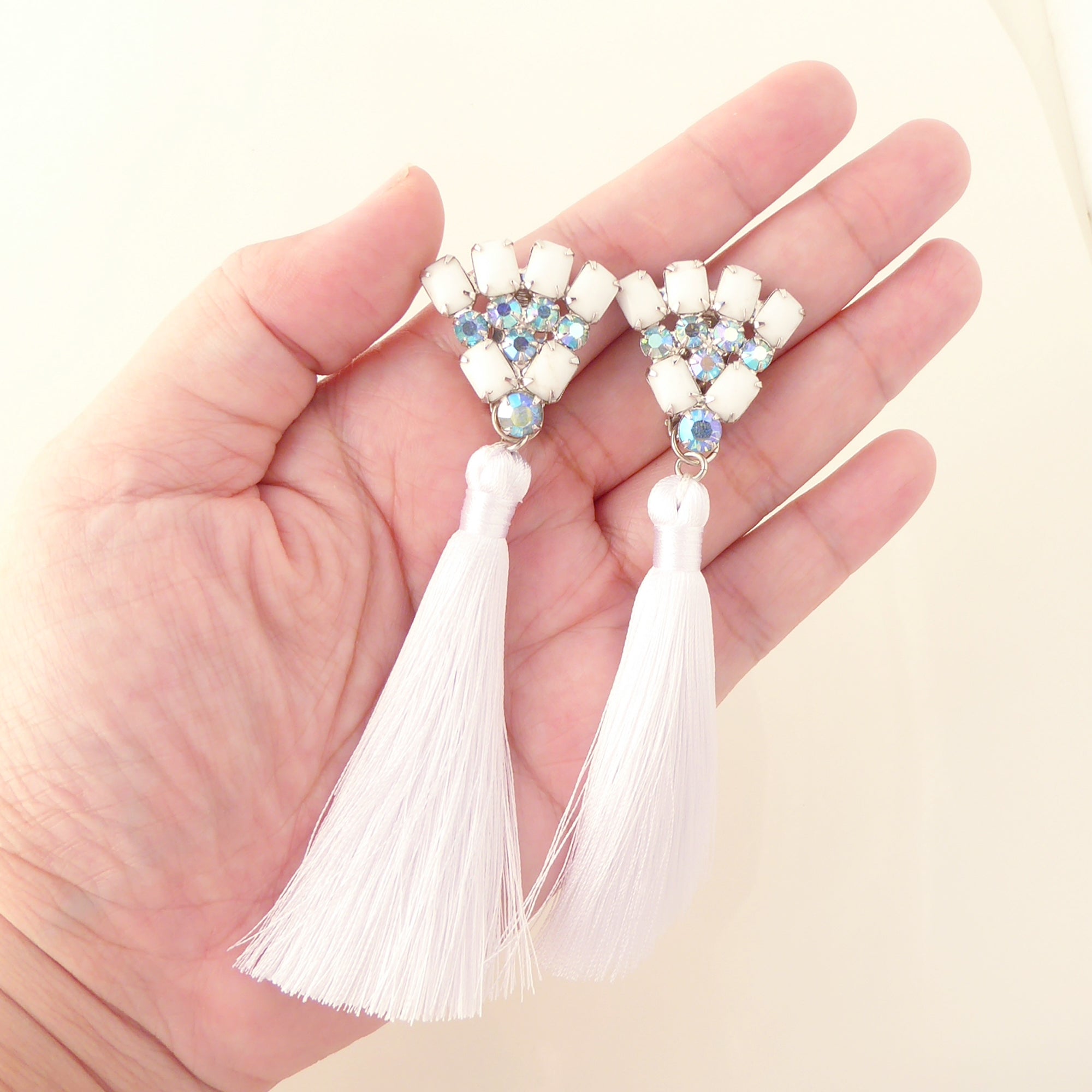 Rhinestone fan silk tassel earrings by Jenny Dayco 6