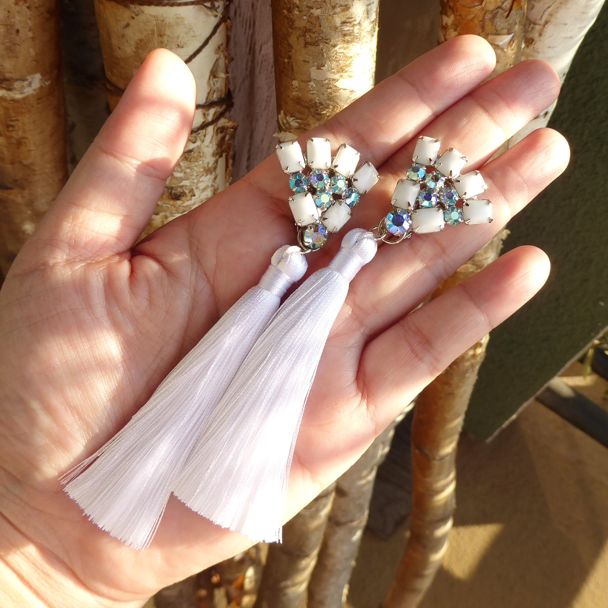 Rhinestone fan silk tassel earrings by Jenny Dayco 7