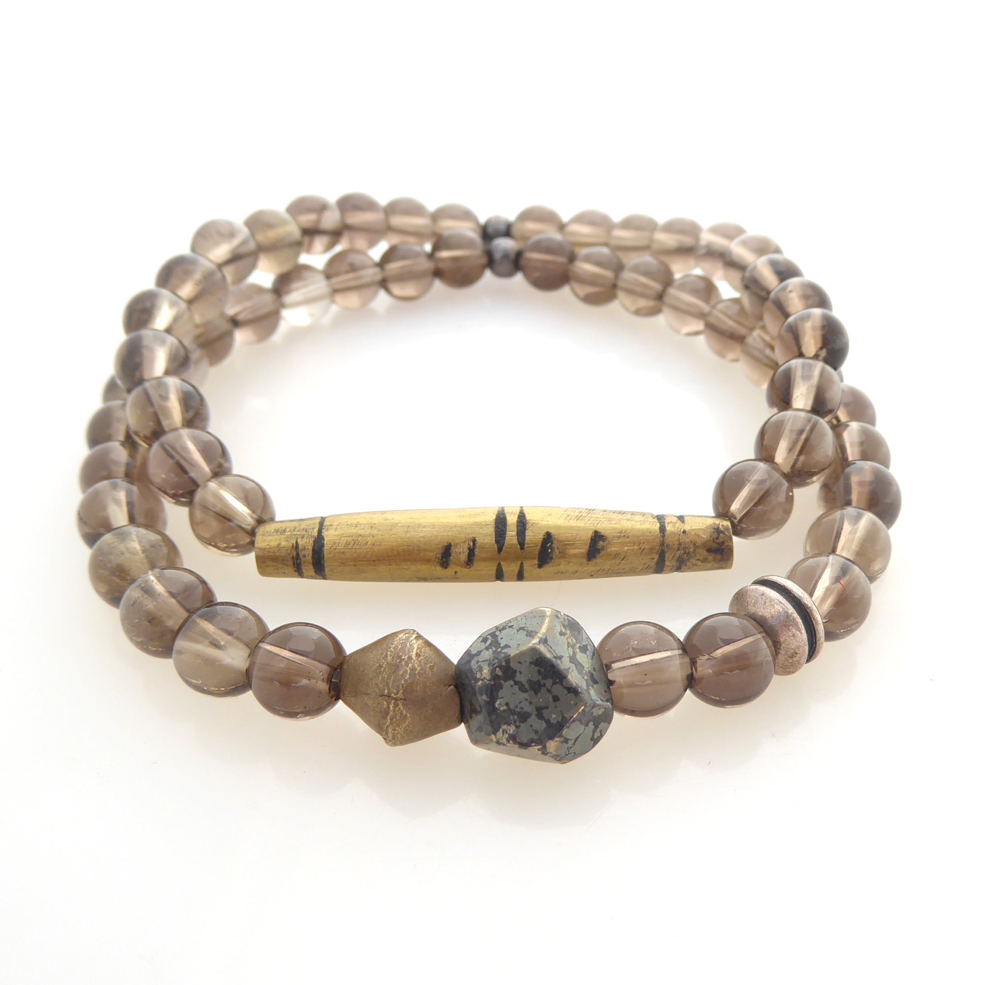 Smoky quartz pyrite and brass bracelet set by Jenny Dayco  3