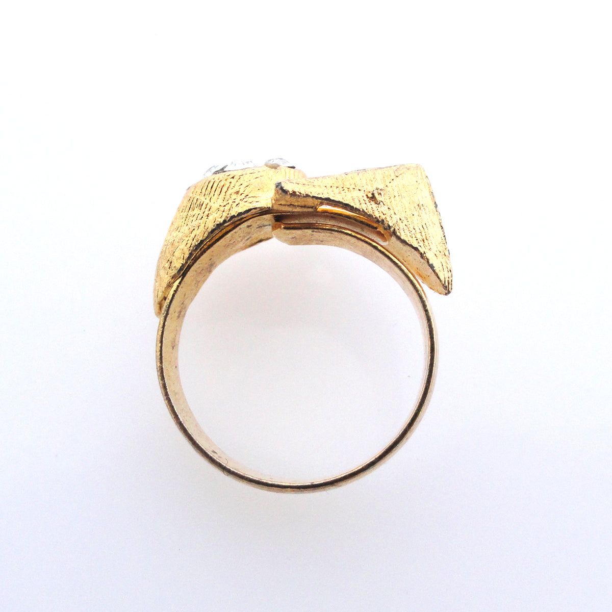 Vintage gold triangle and rhinestone ring by Jenny Dayco side view