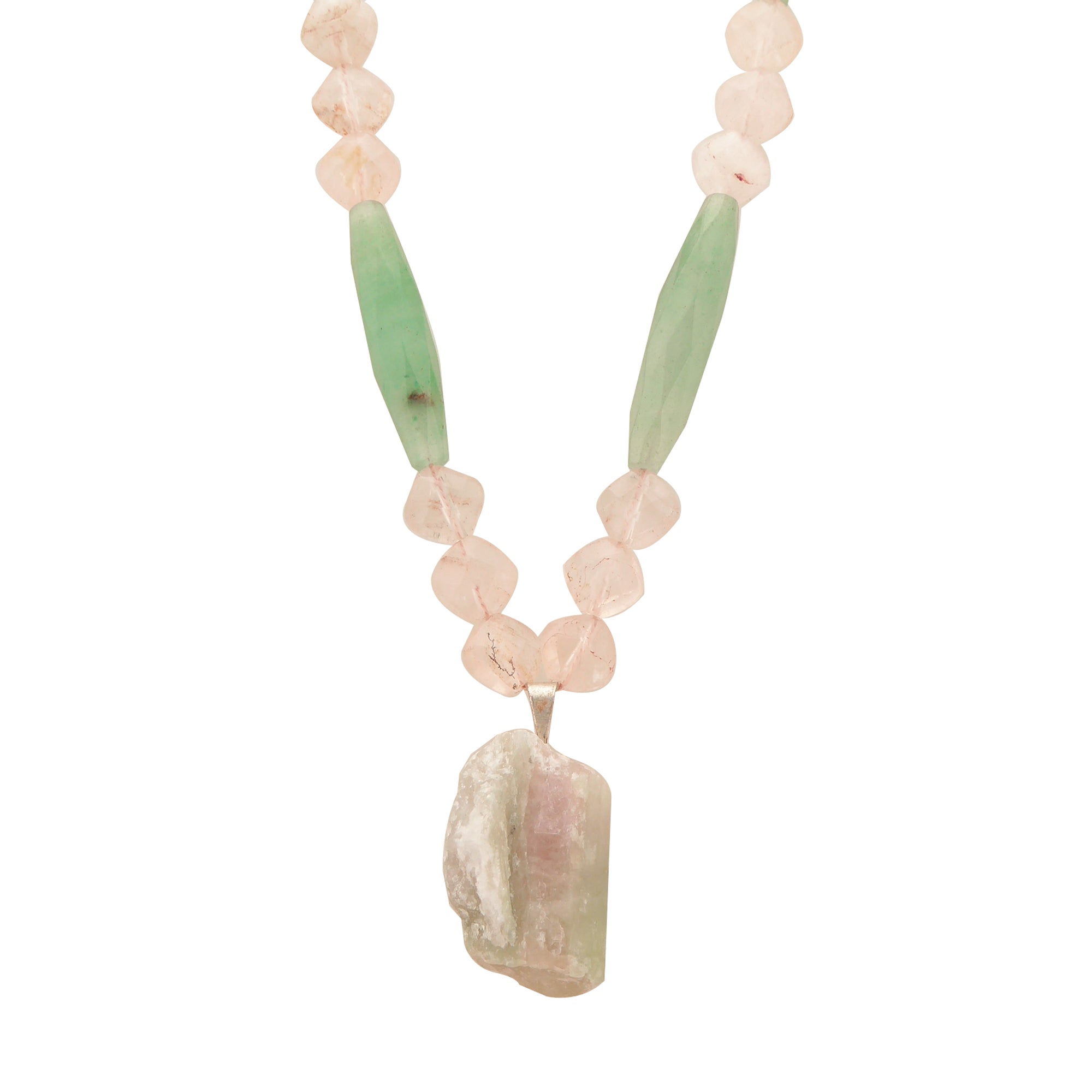 Watermelon tourmaline rose quartz green aventurine necklace by Jenny Dayco 1