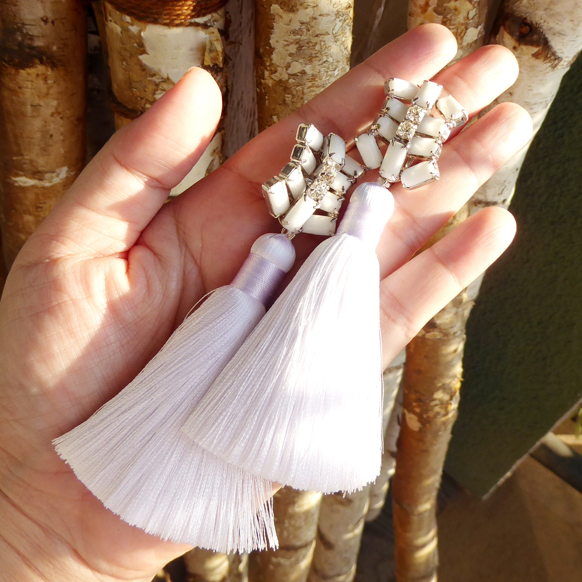 White rhinestone and silk tassel earrings by Jenny Dayco 7