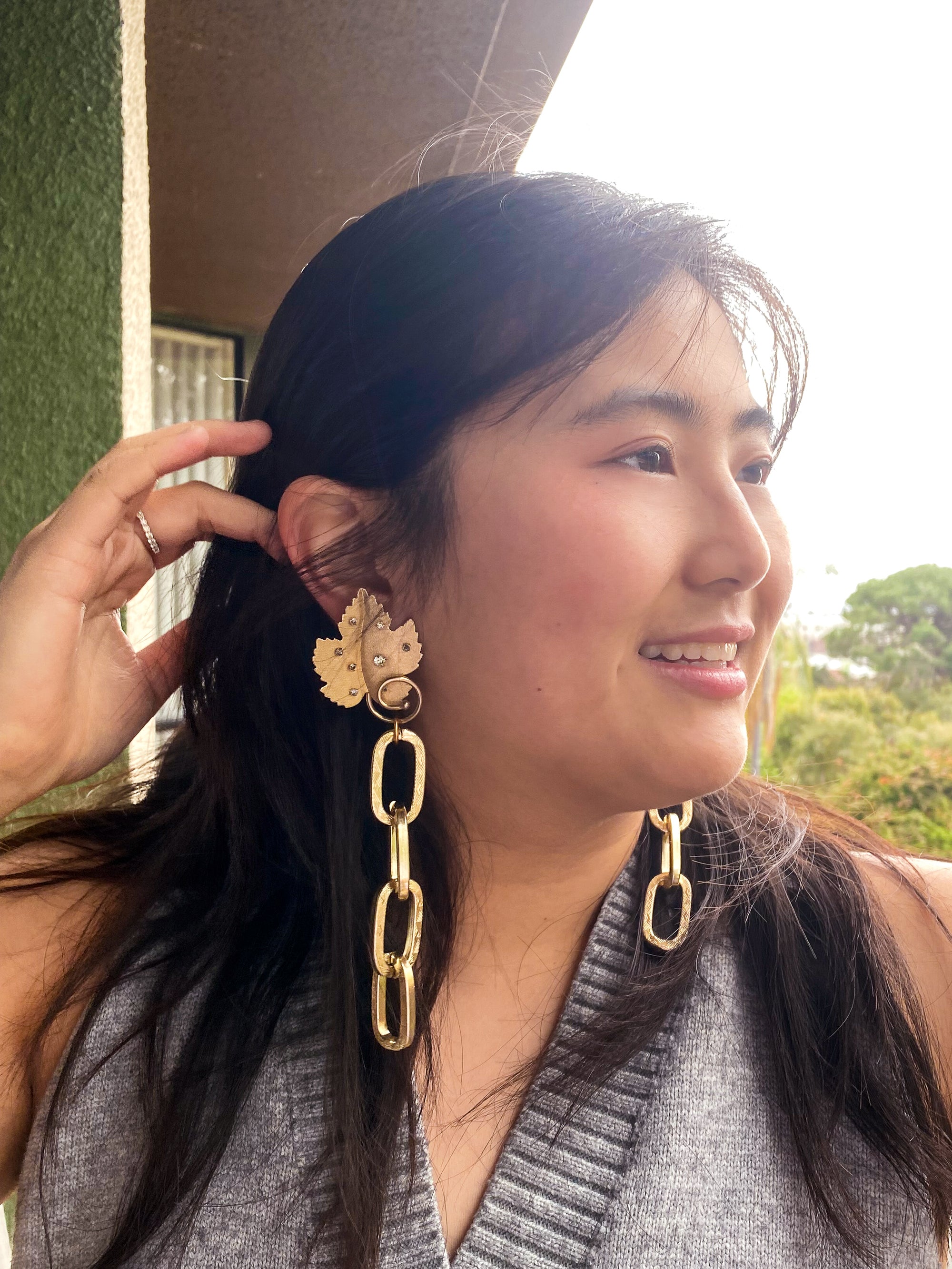 Gold leaf and rhinestone clip on and chain earrings 8