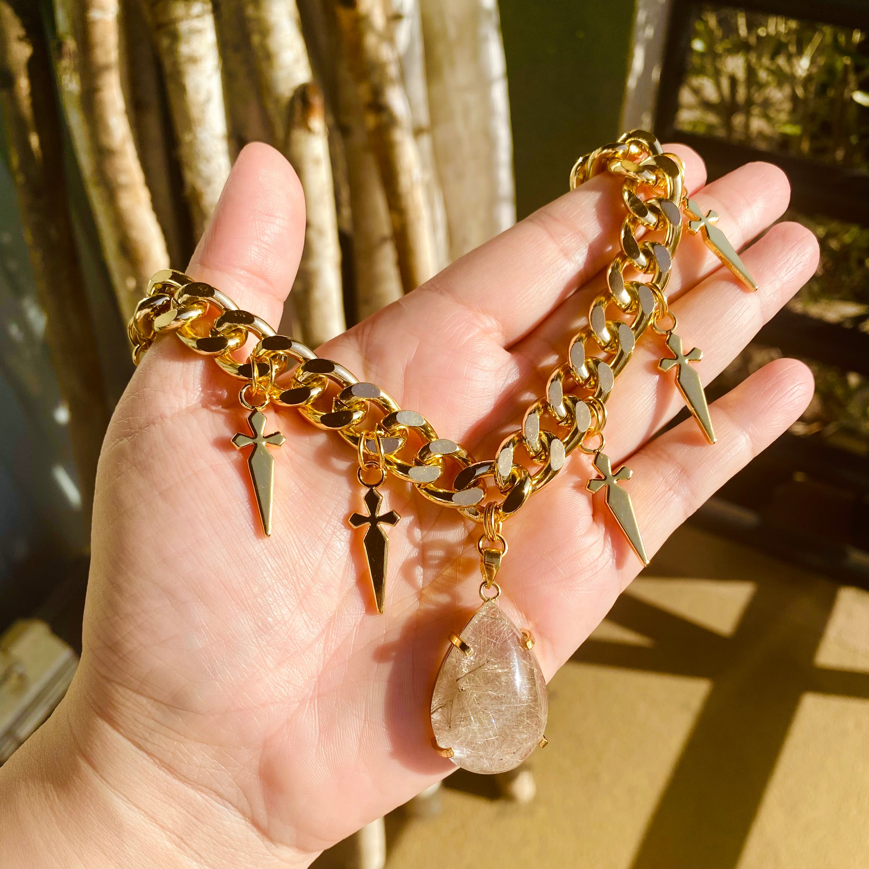 Golden rutilated quartz teardrop necklace