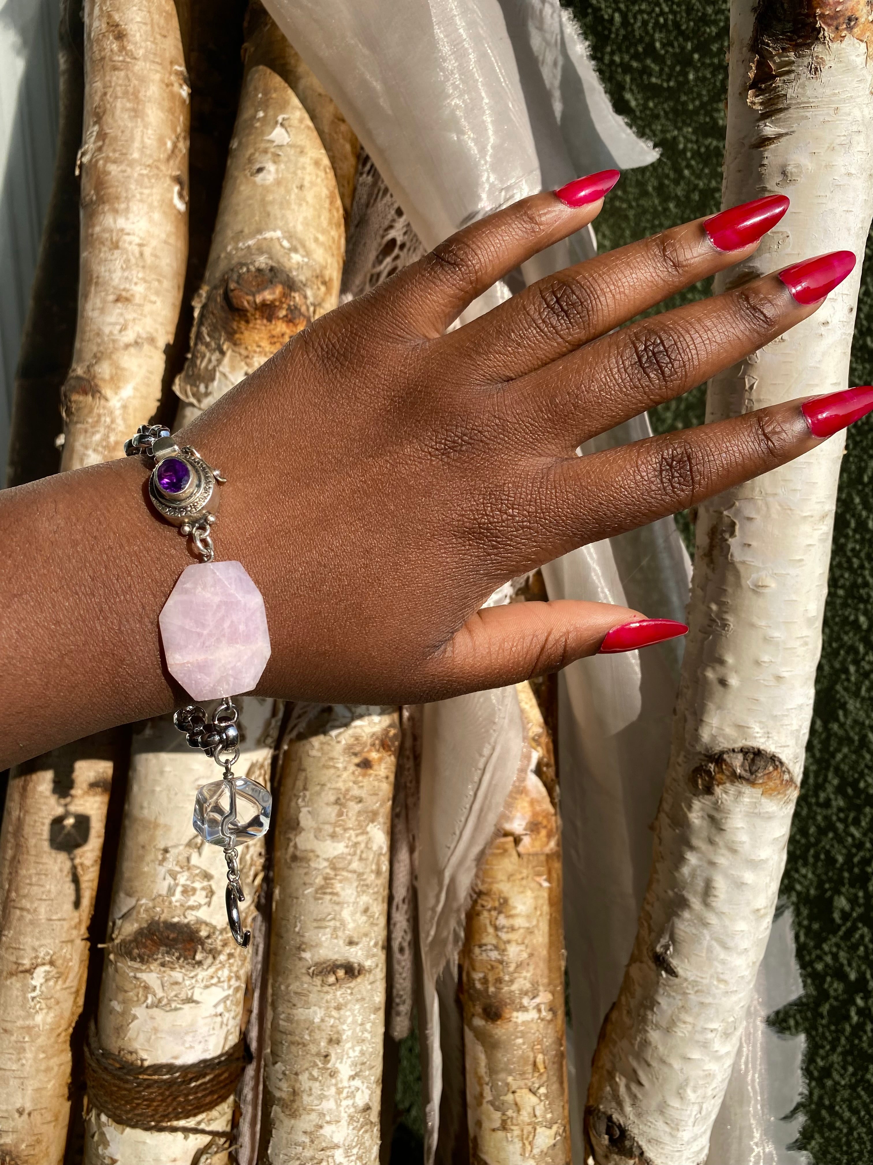 Pink kunzite and silver moon bracelet