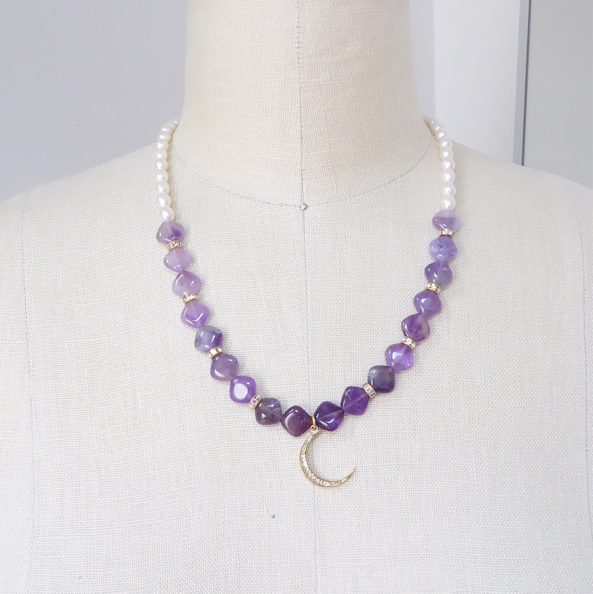 Amethyst and gold crescent moon necklace by Jenny Dayco 7
