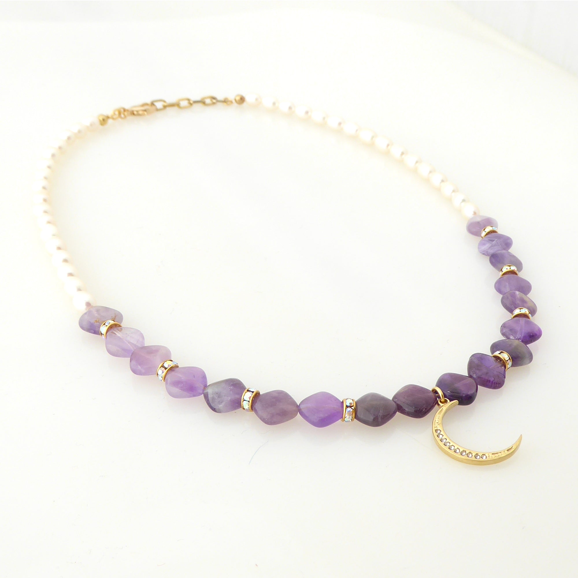 Amethyst and gold crescent moon necklace by Jenny Dayco 2