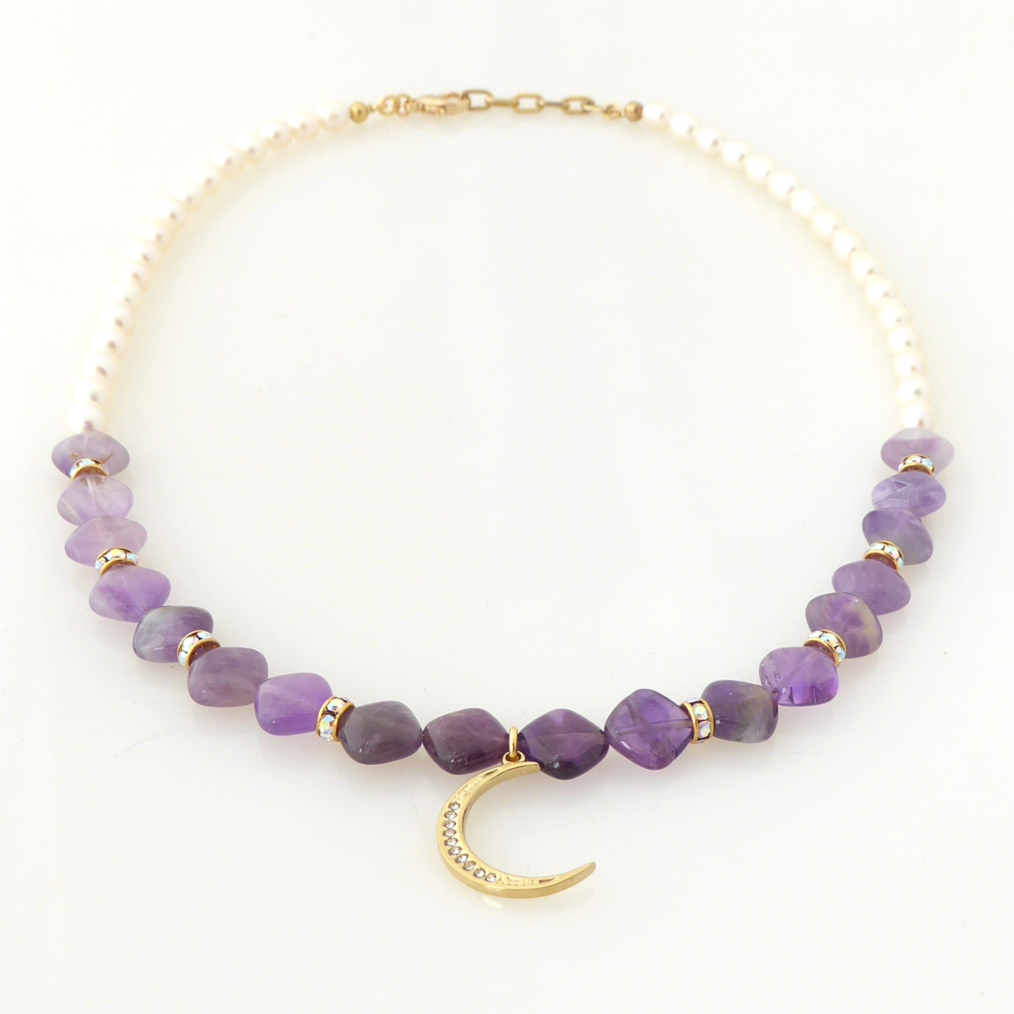 Amethyst and gold crescent moon necklace by Jenny Dayco 3