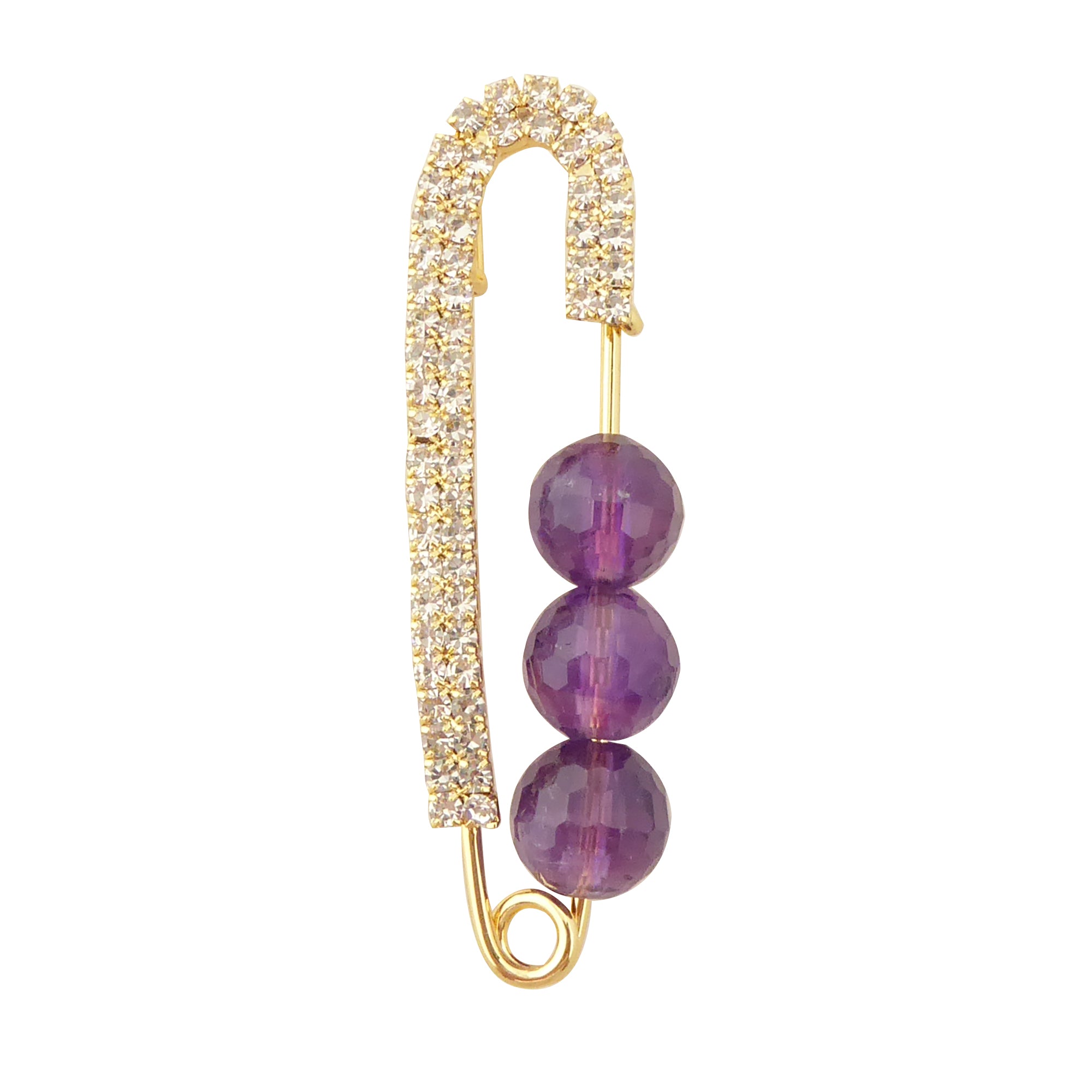 Amethyst and gold rhinestone safety pin brooch by Jenny Dayco 1