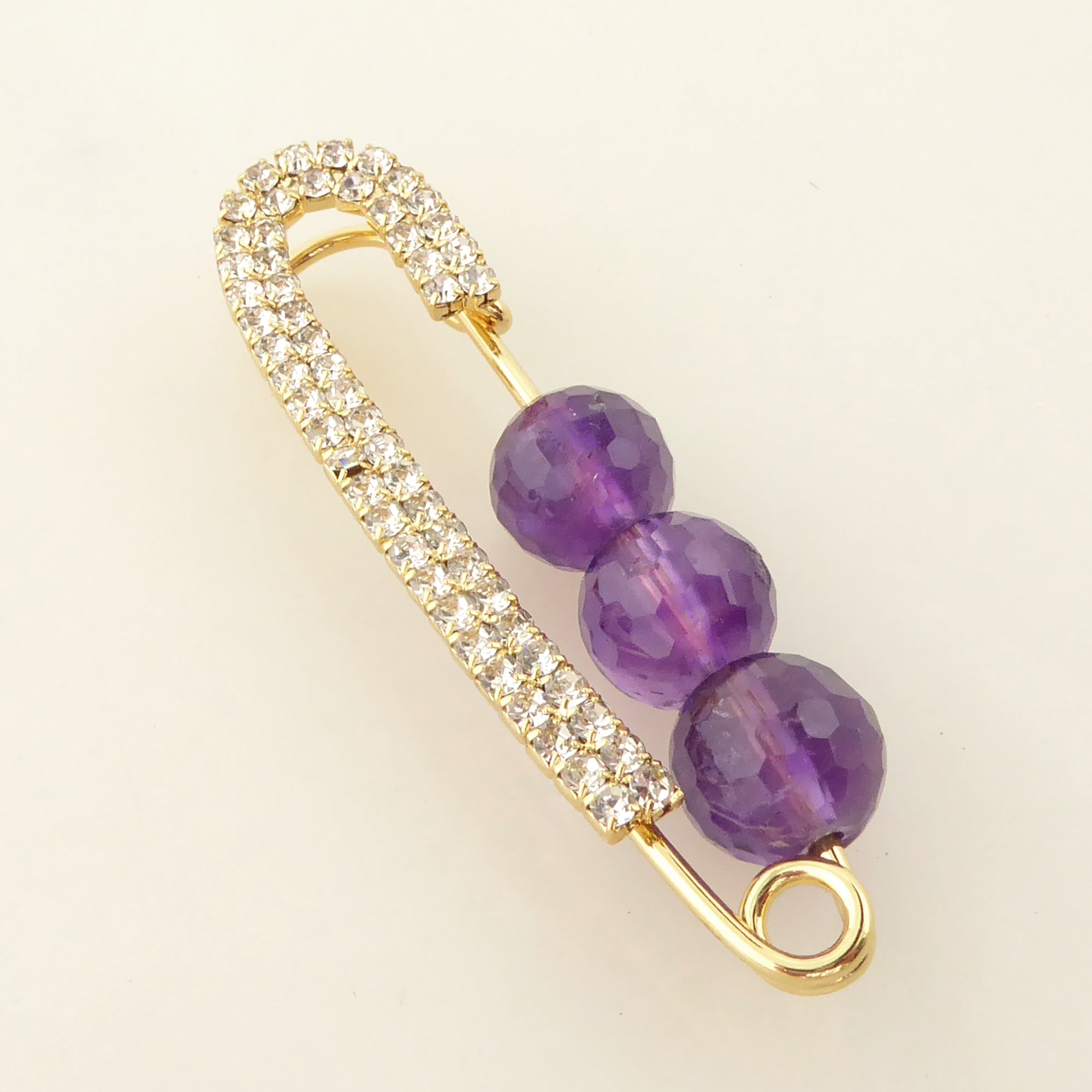 Amethyst and gold rhinestone safety pin brooch by Jenny Dayco 2