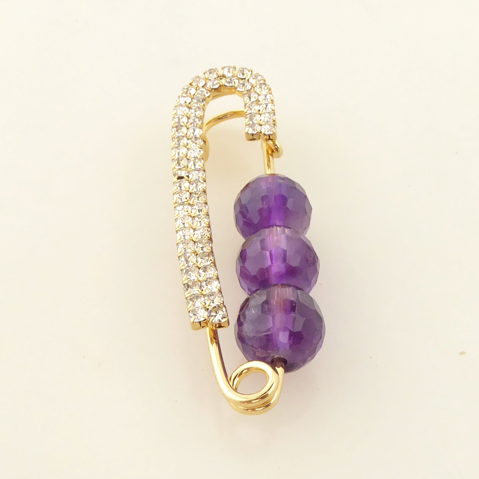 Amethyst and gold rhinestone safety pin brooch by Jenny Dayco 3