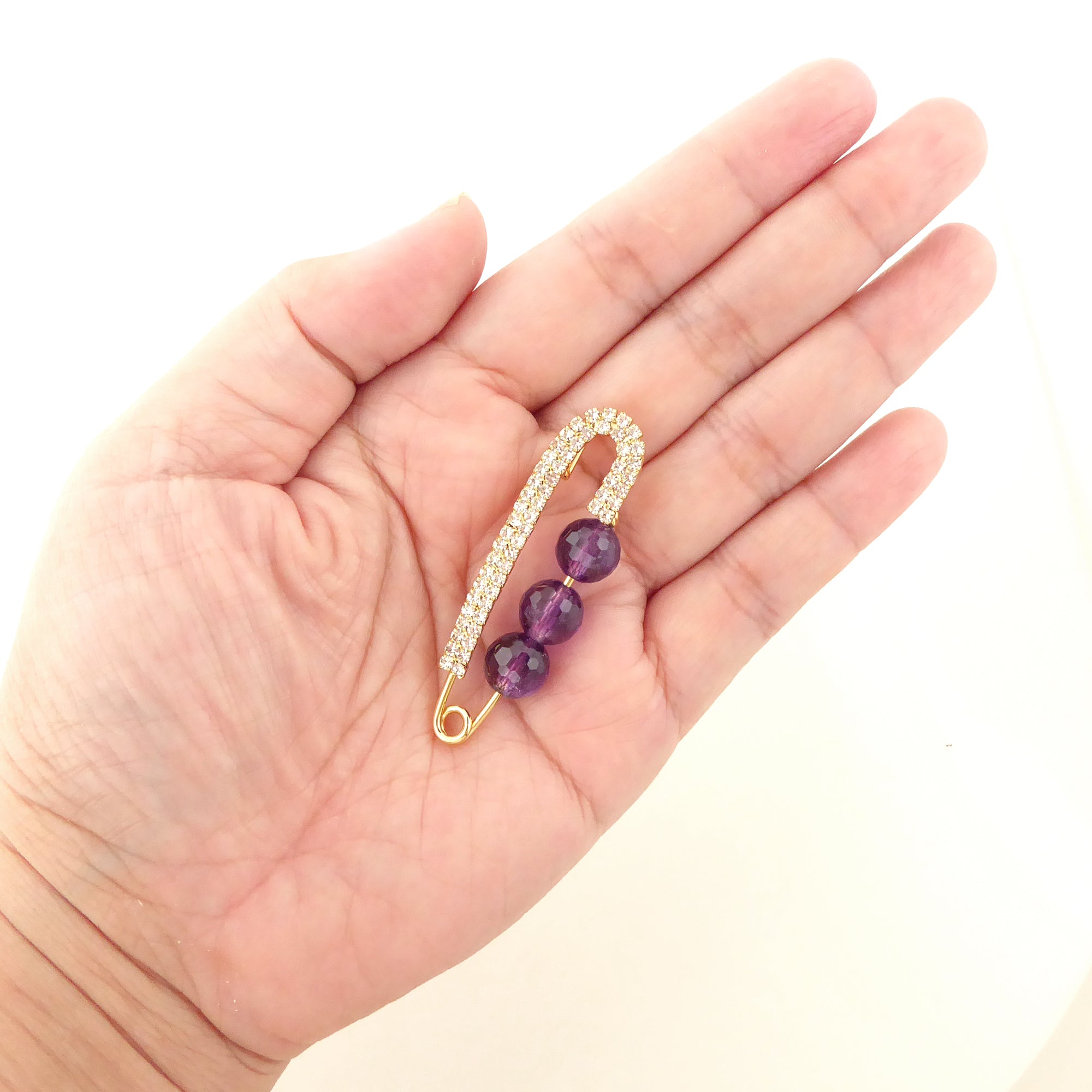 Amethyst and gold rhinestone safety pin brooch by Jenny Dayco 6