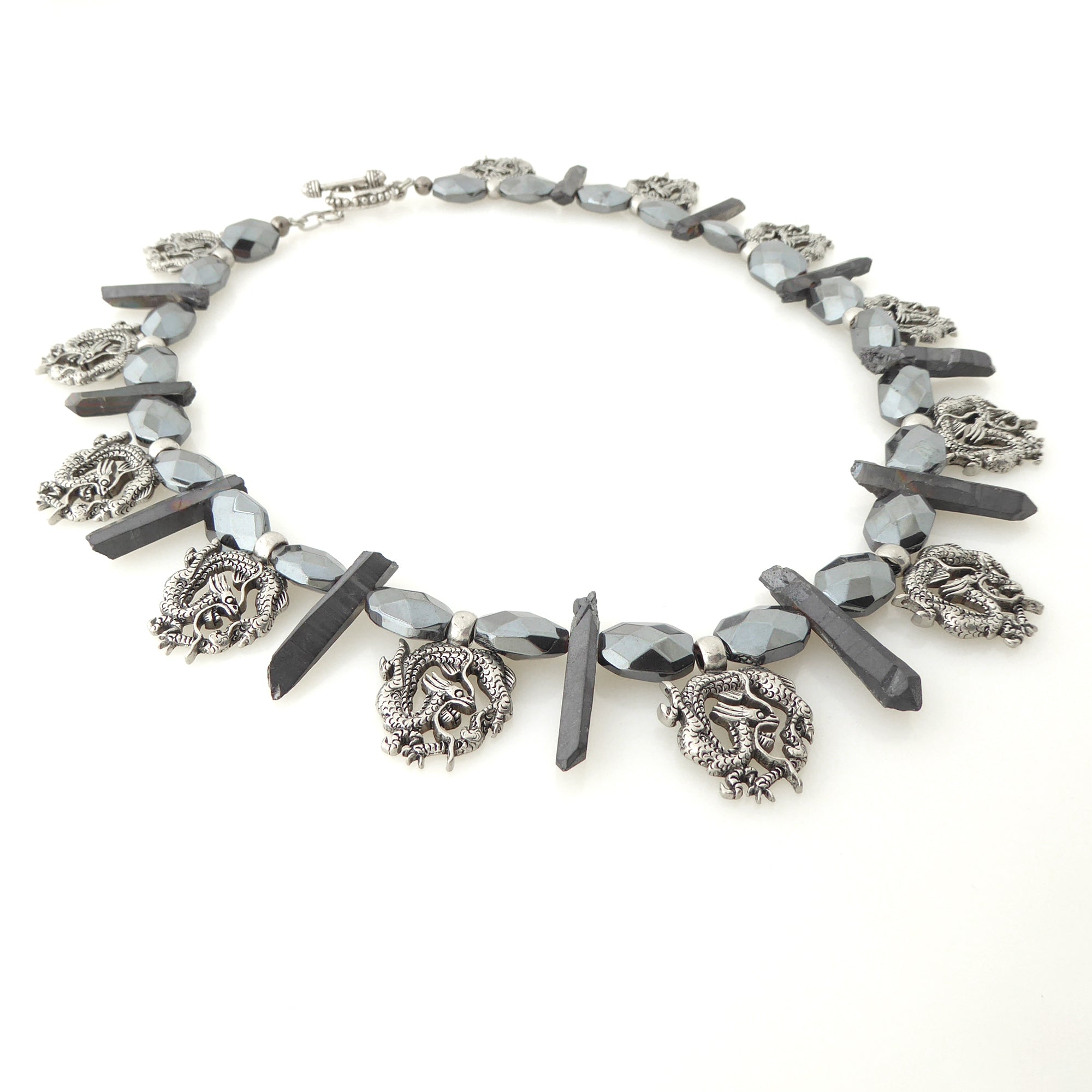 Antique silver dragon and hematite necklace by Jenny Dayco 2