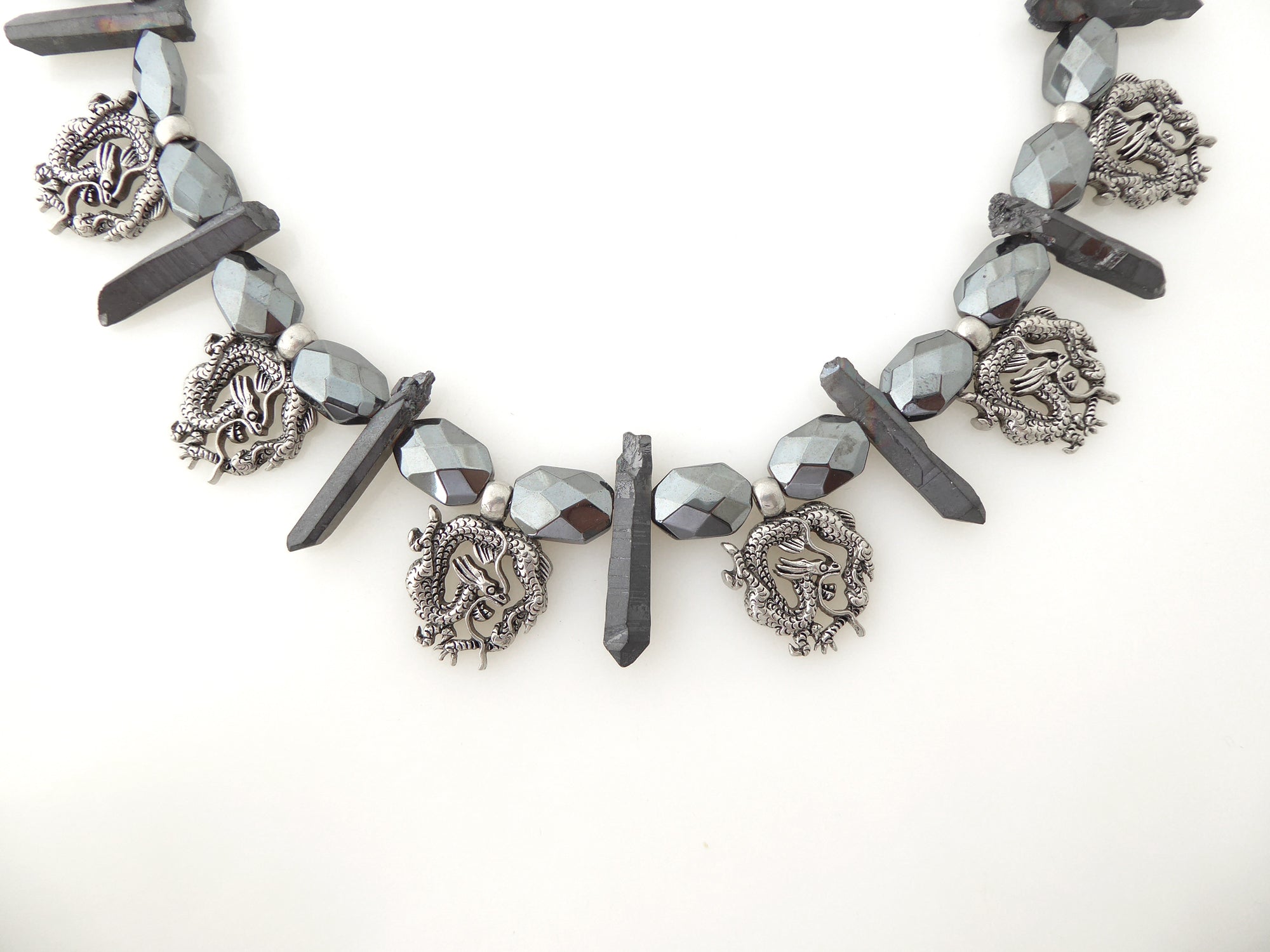 Antique silver dragon and hematite necklace by Jenny Dayco 4