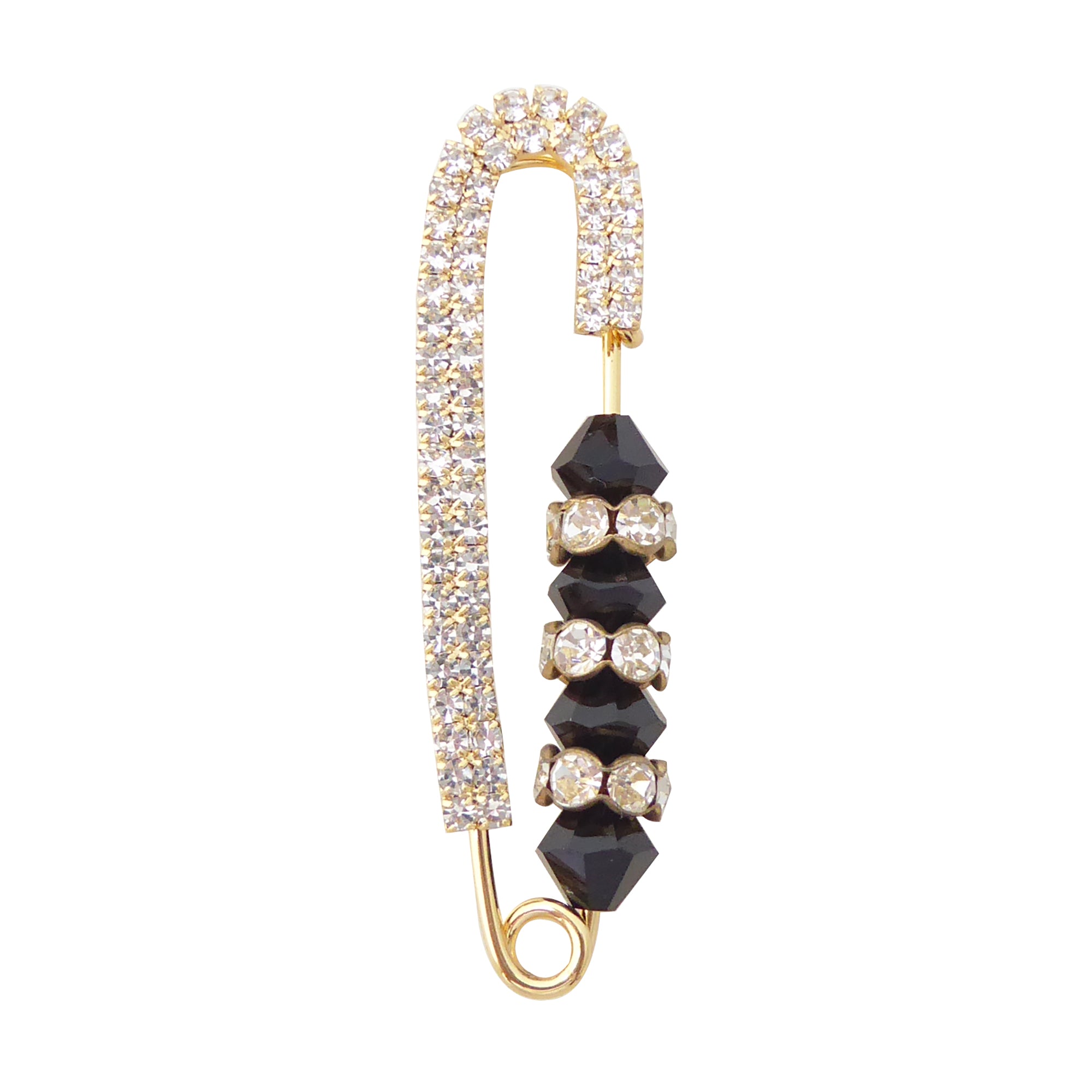 Black crystal and gold rhinestone safety pin brooch by Jenny Dayco 1