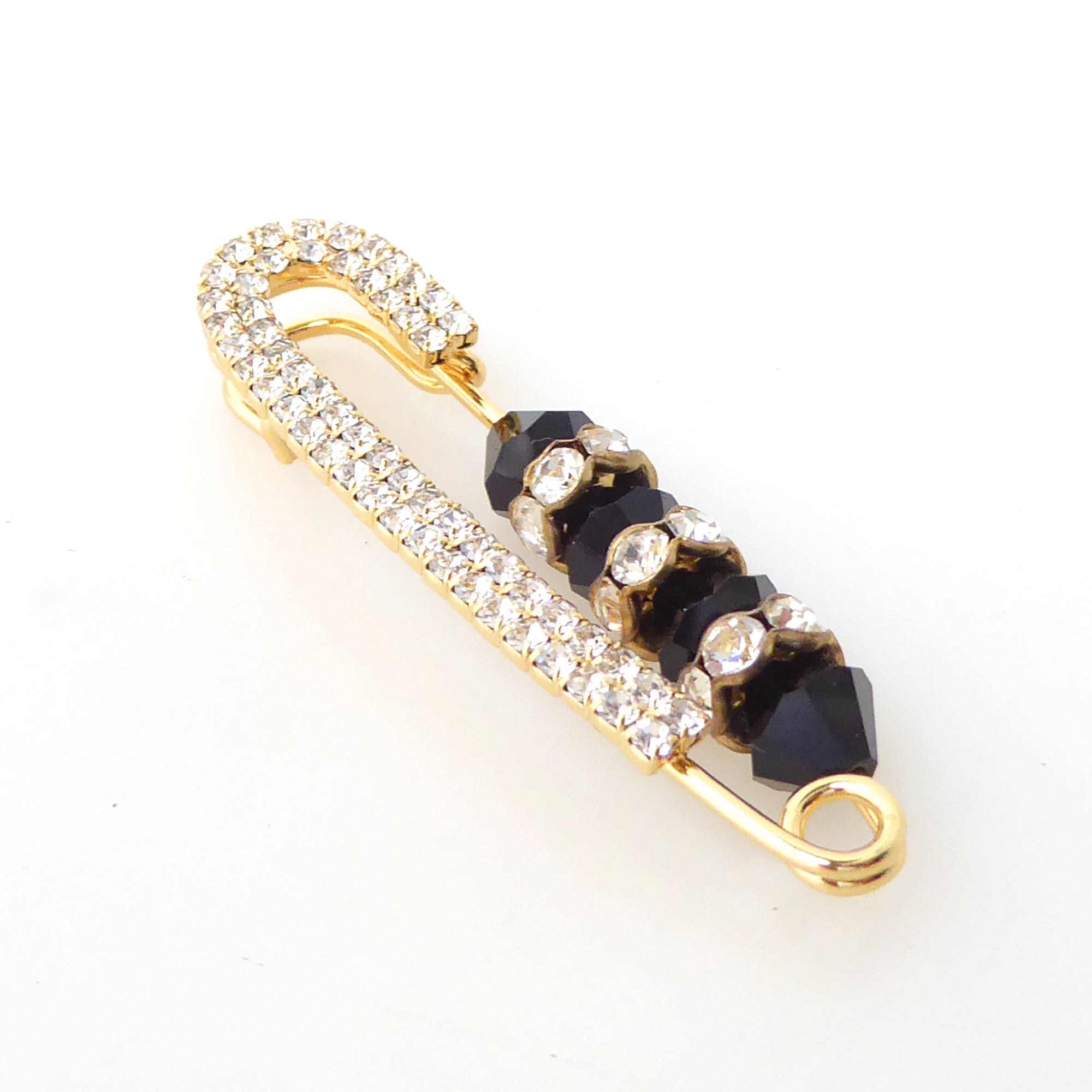 Black crystal and gold rhinestone safety pin brooch by Jenny Dayco 2