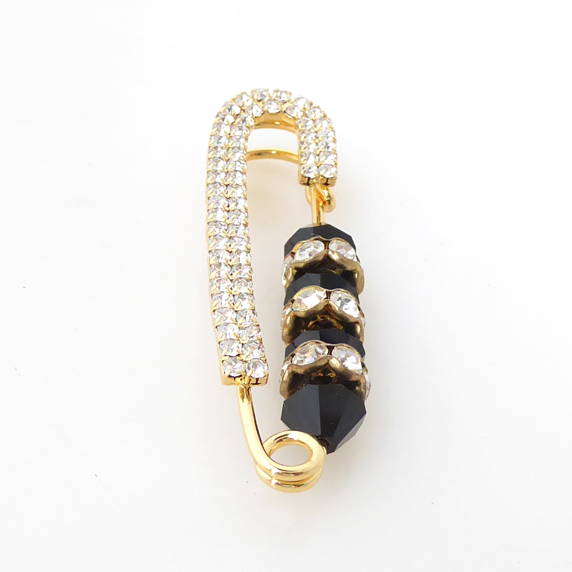 Black crystal and gold rhinestone safety pin brooch by Jenny Dayco 3