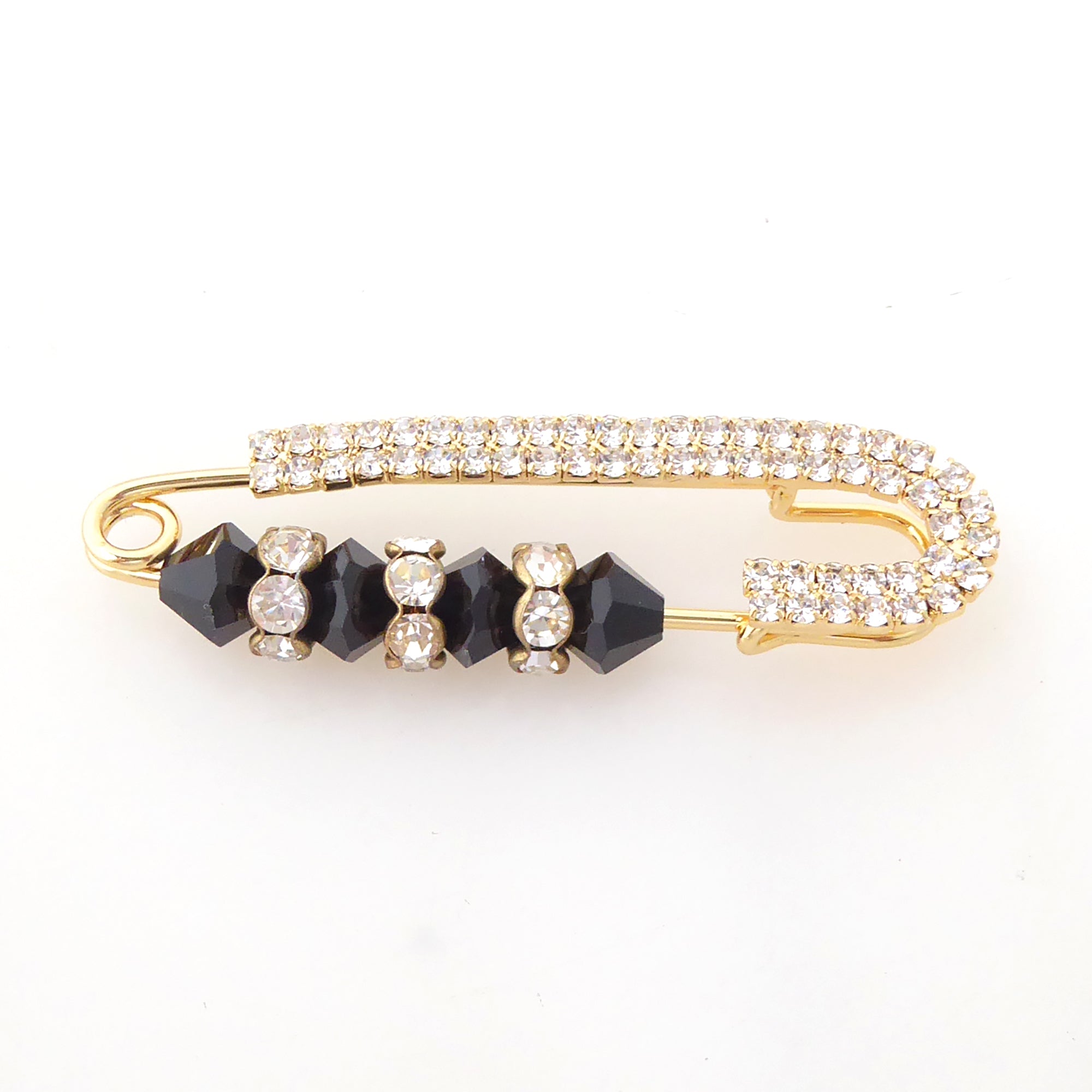 Black crystal and gold rhinestone safety pin brooch by Jenny Dayco 4