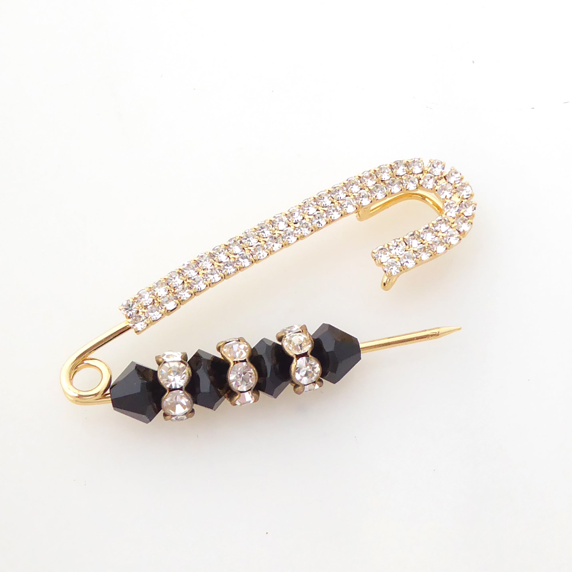 Black crystal and gold rhinestone safety pin brooch by Jenny Dayco 5