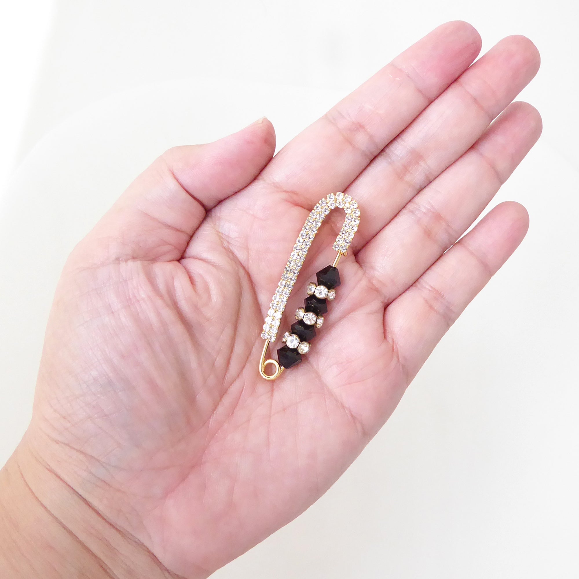 Black crystal and gold rhinestone safety pin brooch by Jenny Dayco 6