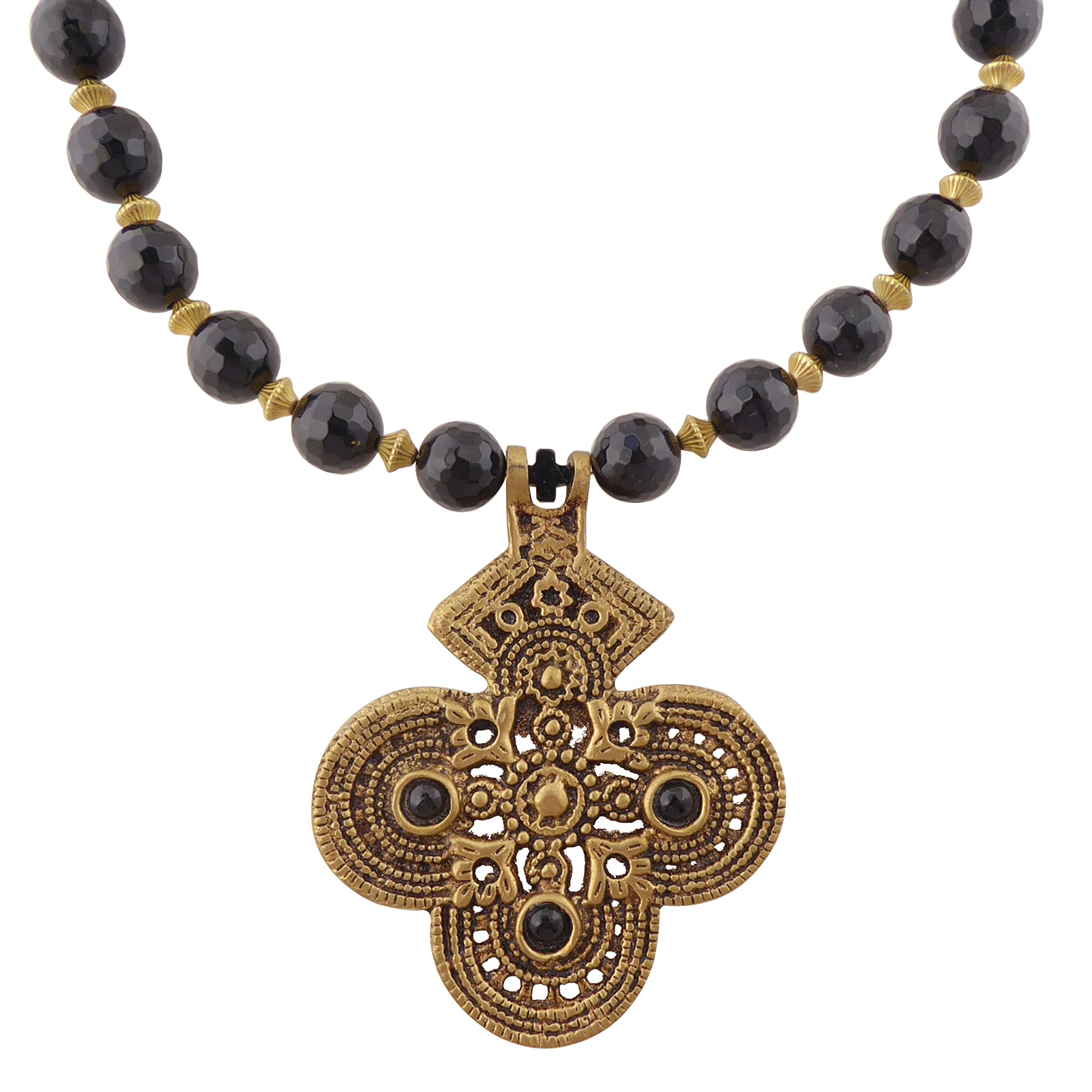 Black onyx and brass cross necklace by Jenny Dayco 1