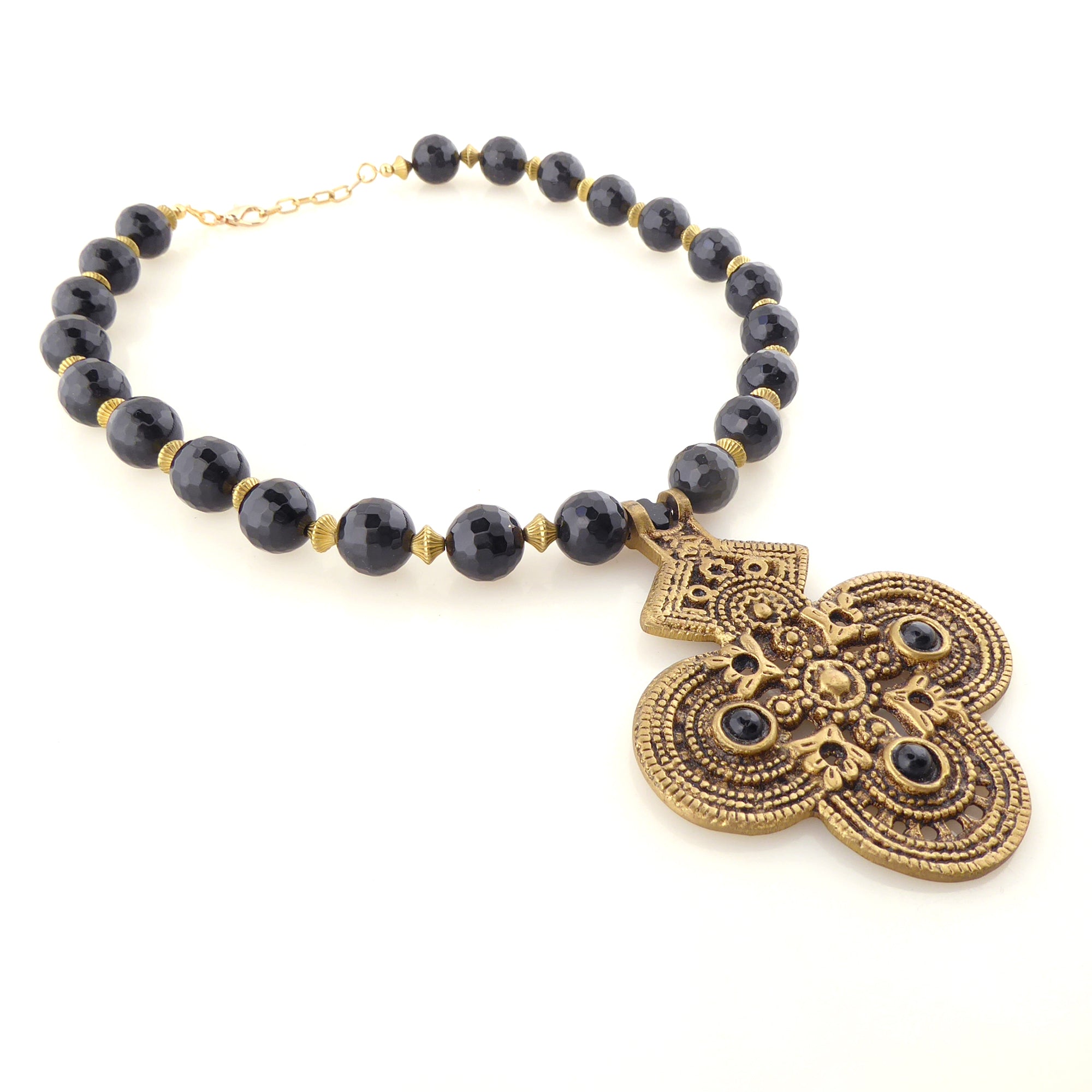 Black onyx and brass cross necklace by Jenny Dayco 2