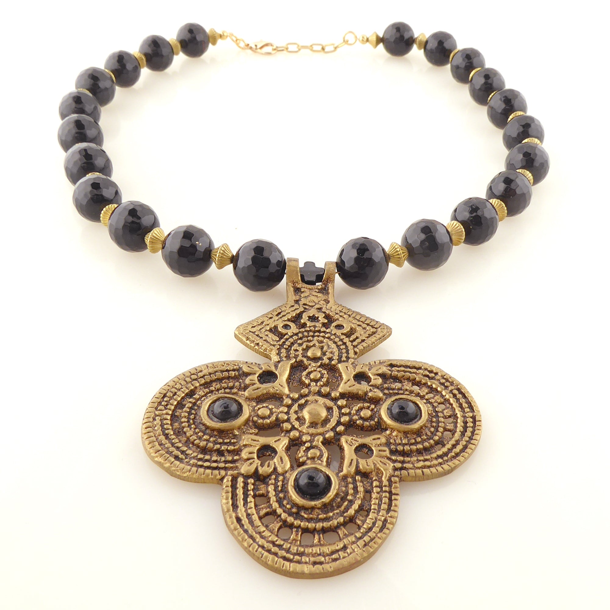 Black onyx and brass cross necklace by Jenny Dayco 3
