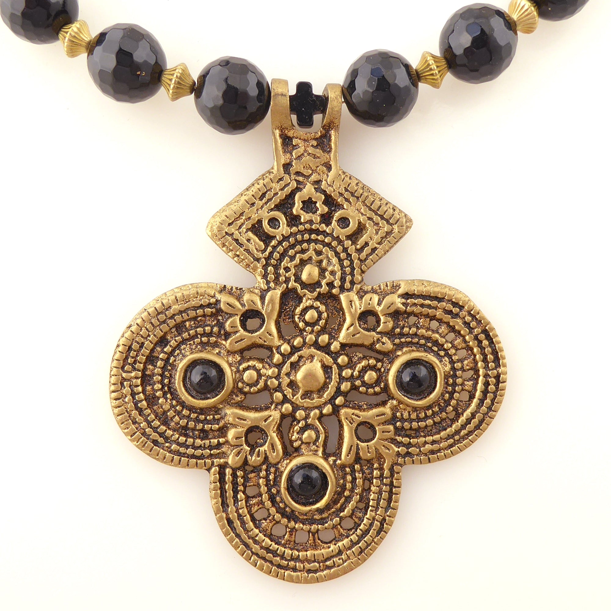 Black onyx and brass cross necklace by Jenny Dayco 4