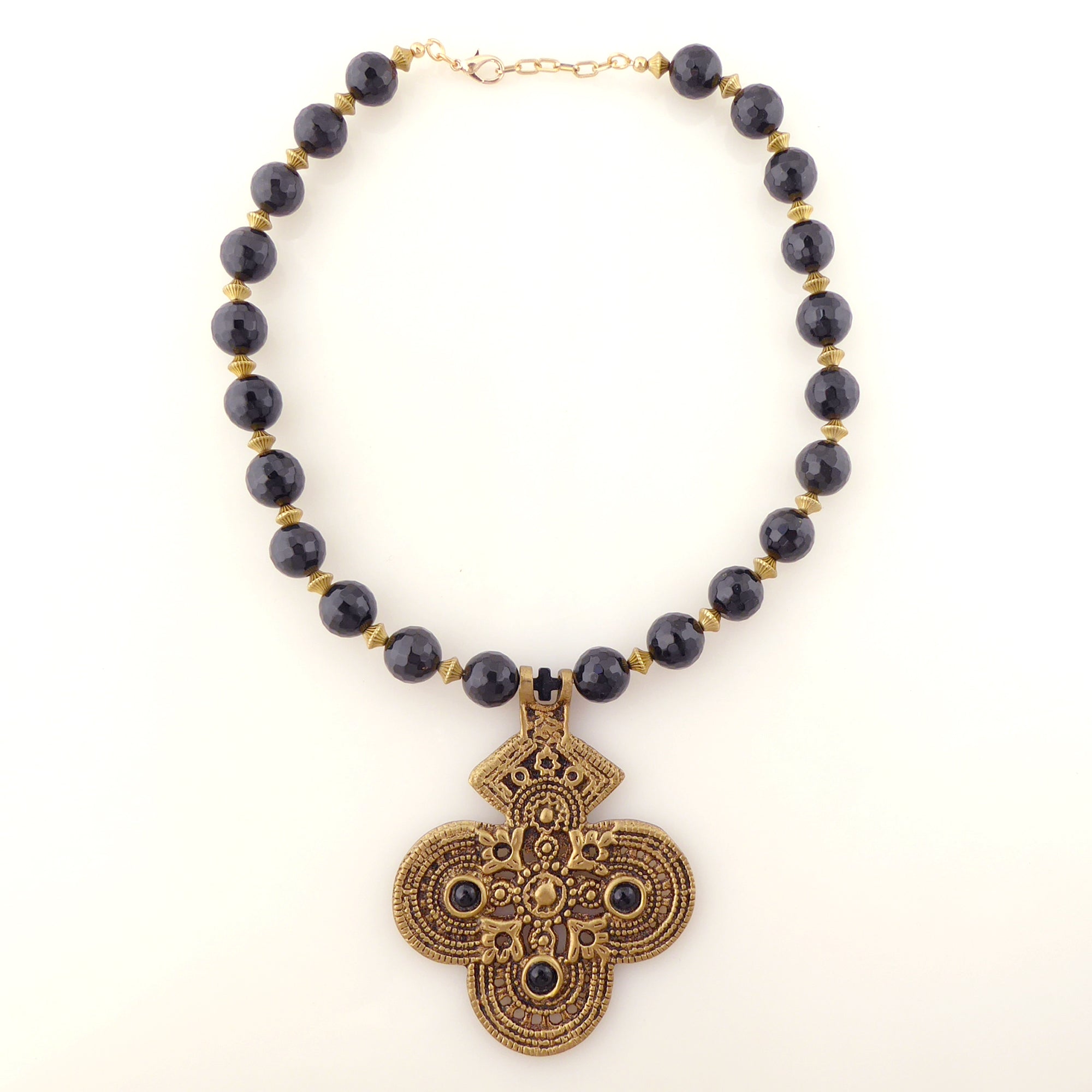 Black onyx and brass cross necklace by Jenny Dayco 5