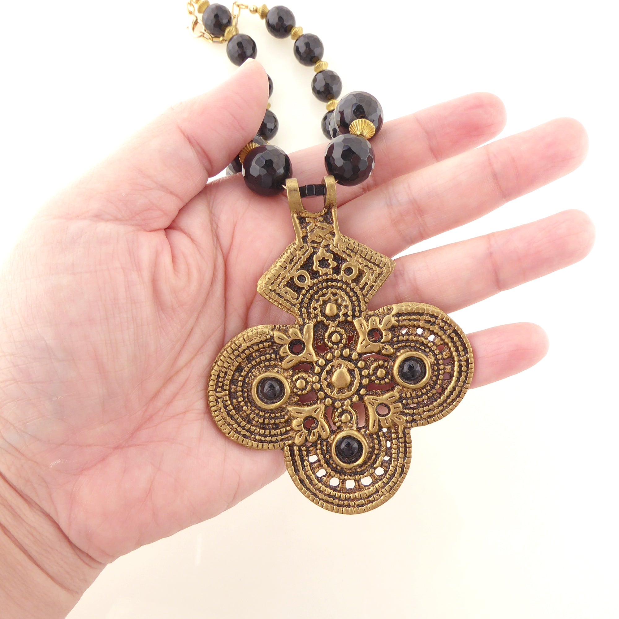 Black onyx and brass cross necklace by Jenny Dayco 6