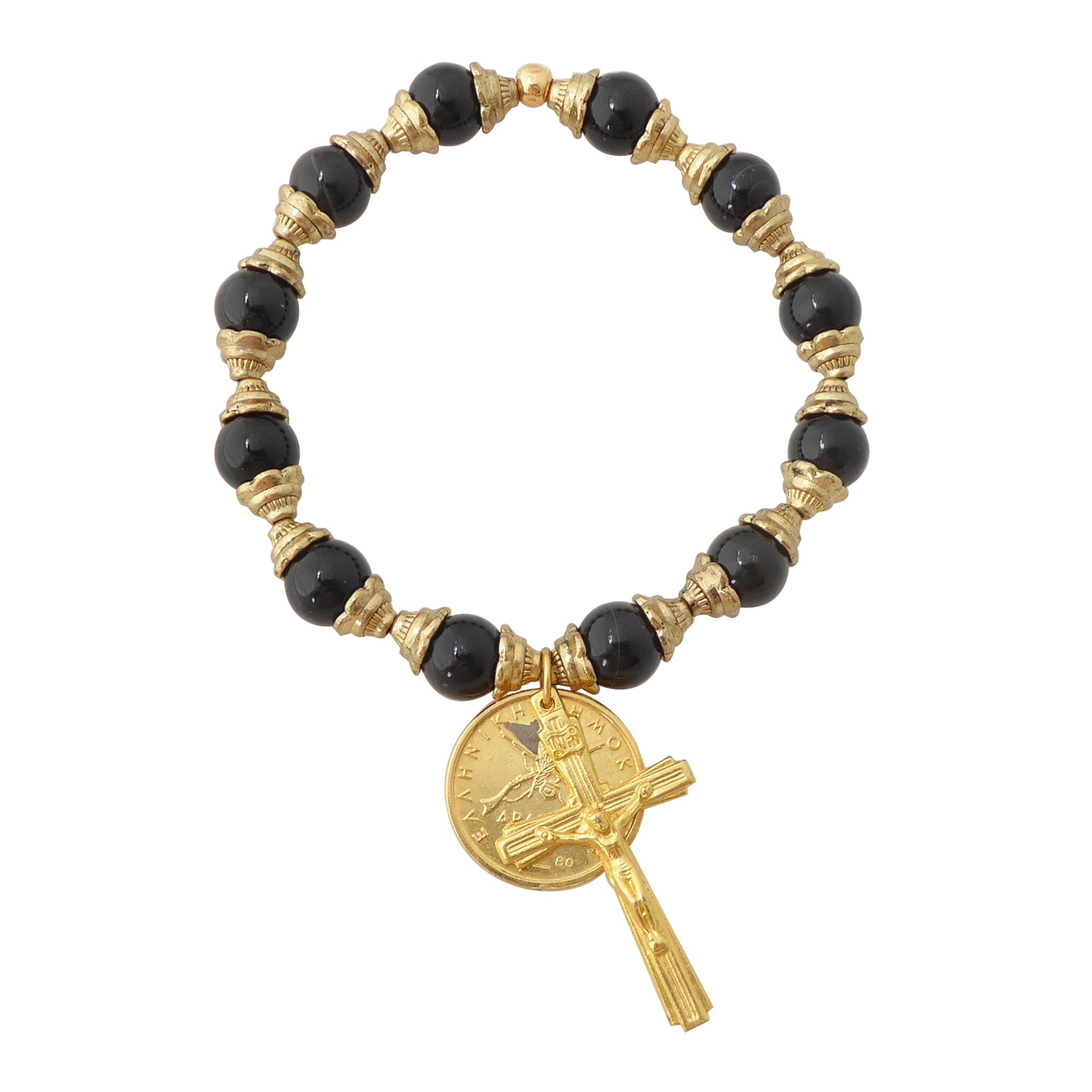 Black onyx and gold coin and crucifix bracelet by Jenny Dayco 1