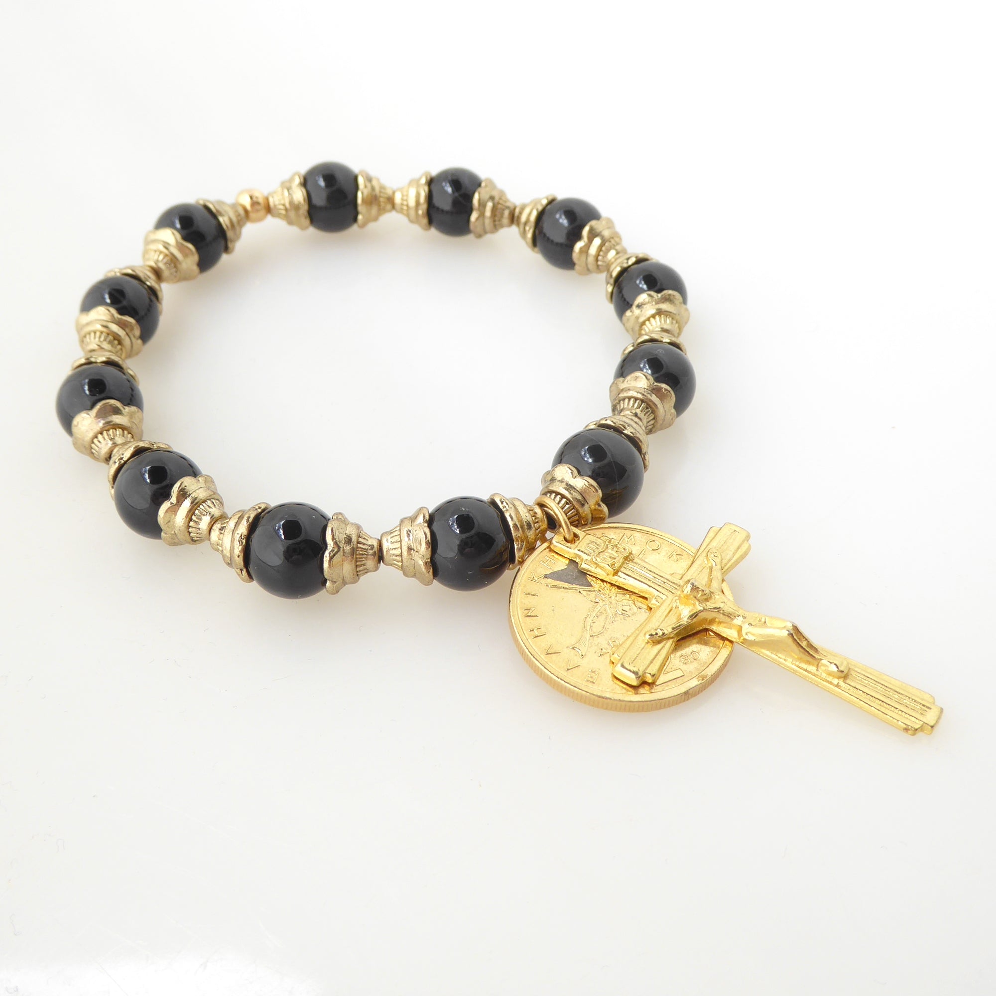 Black onyx and gold coin and crucifix bracelet by Jenny Dayco 2