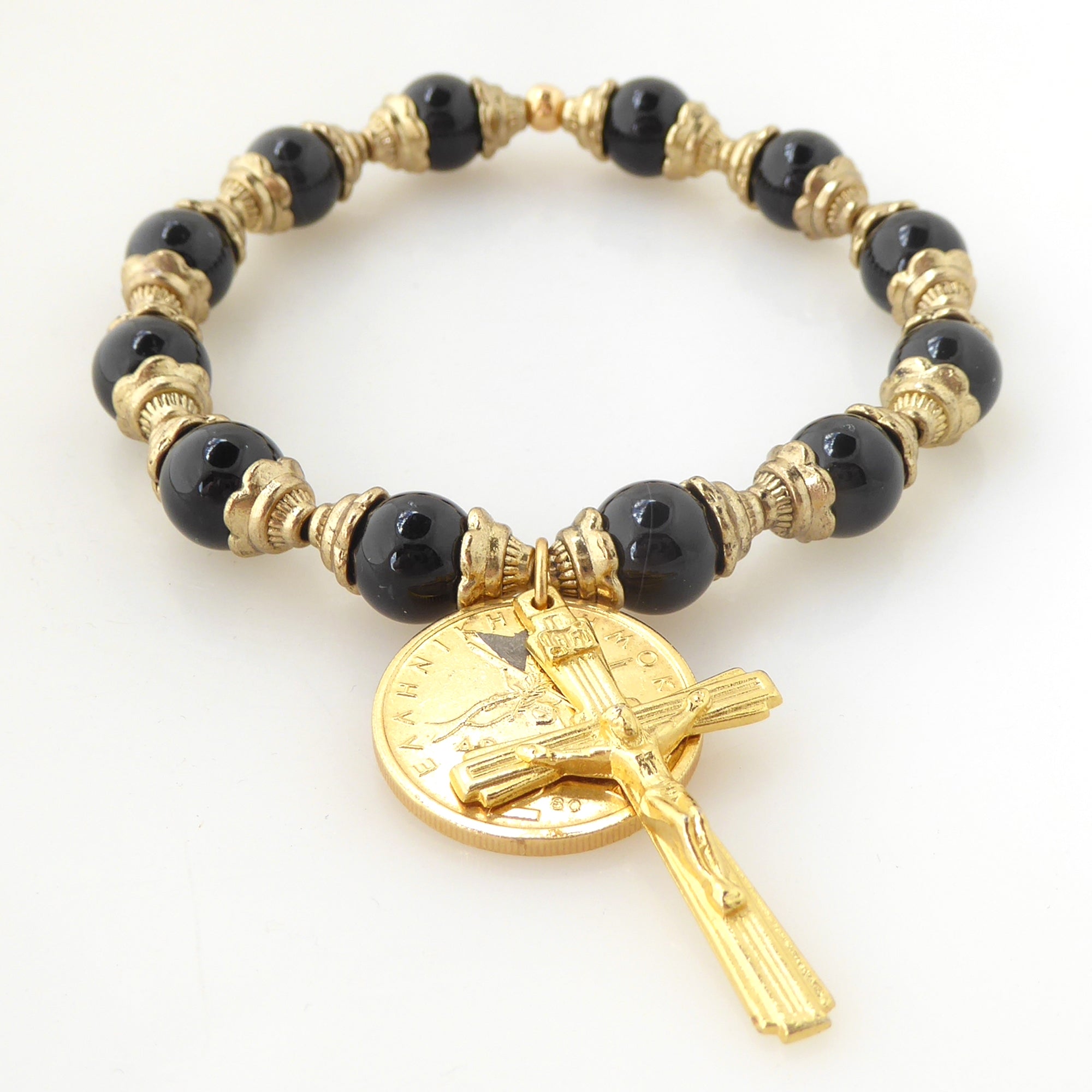 Black onyx and gold coin and crucifix bracelet by Jenny Dayco 3