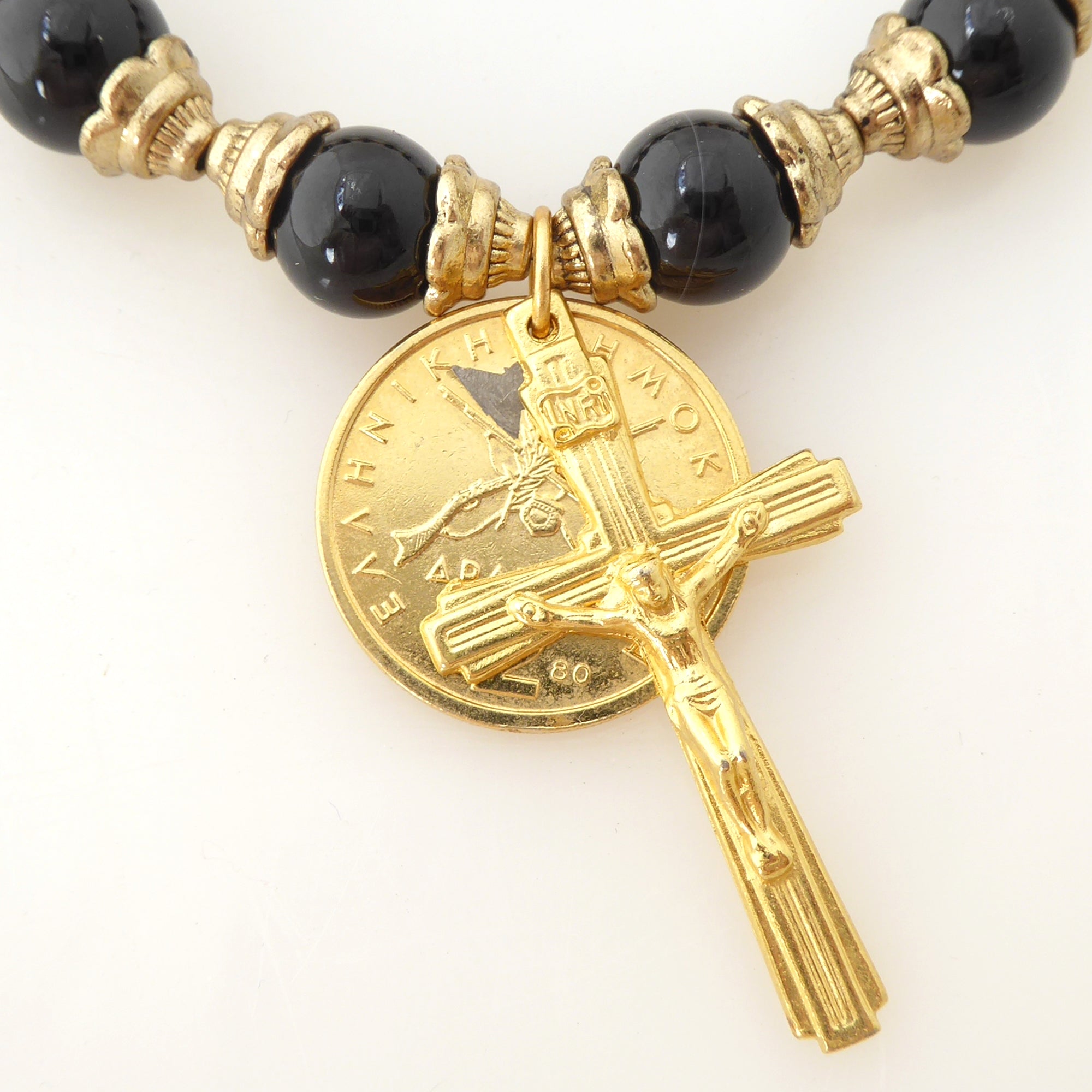 Black onyx and gold coin and crucifix bracelet by Jenny Dayco 4