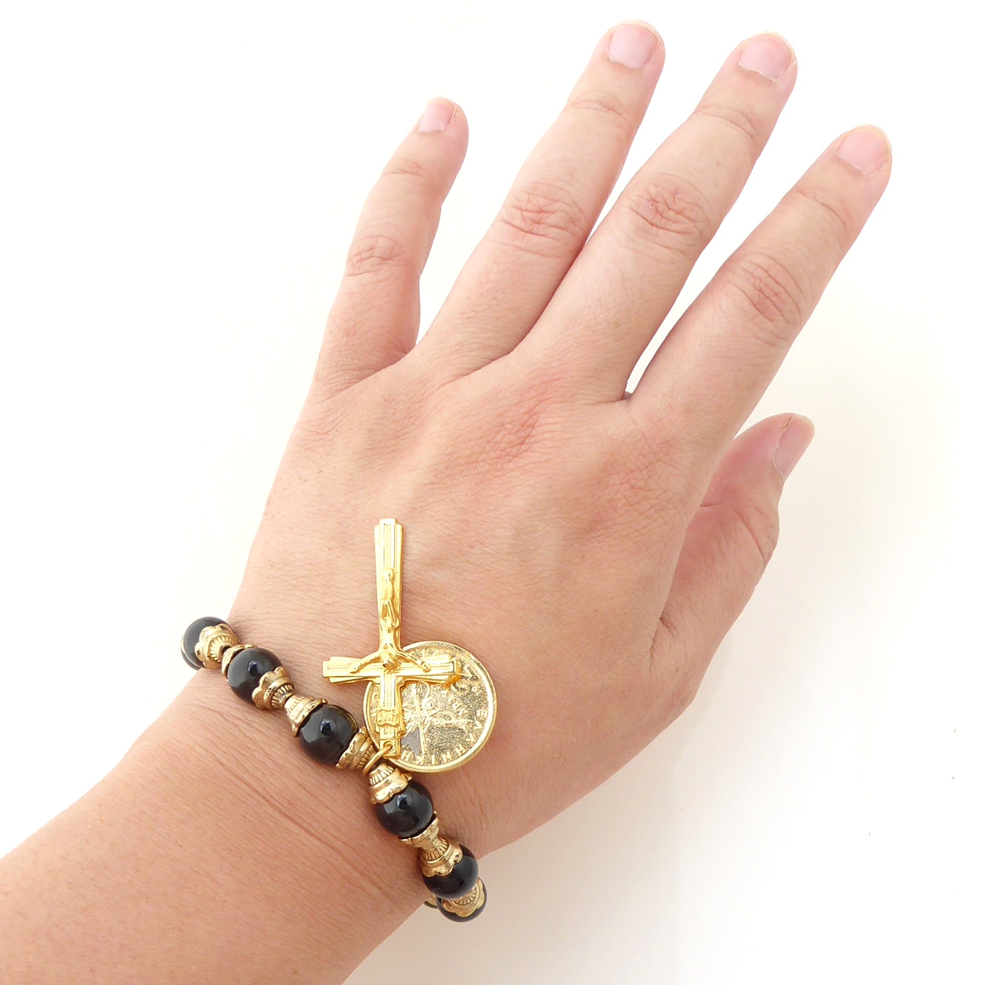 Black onyx and gold coin and crucifix bracelet by Jenny Dayco 5